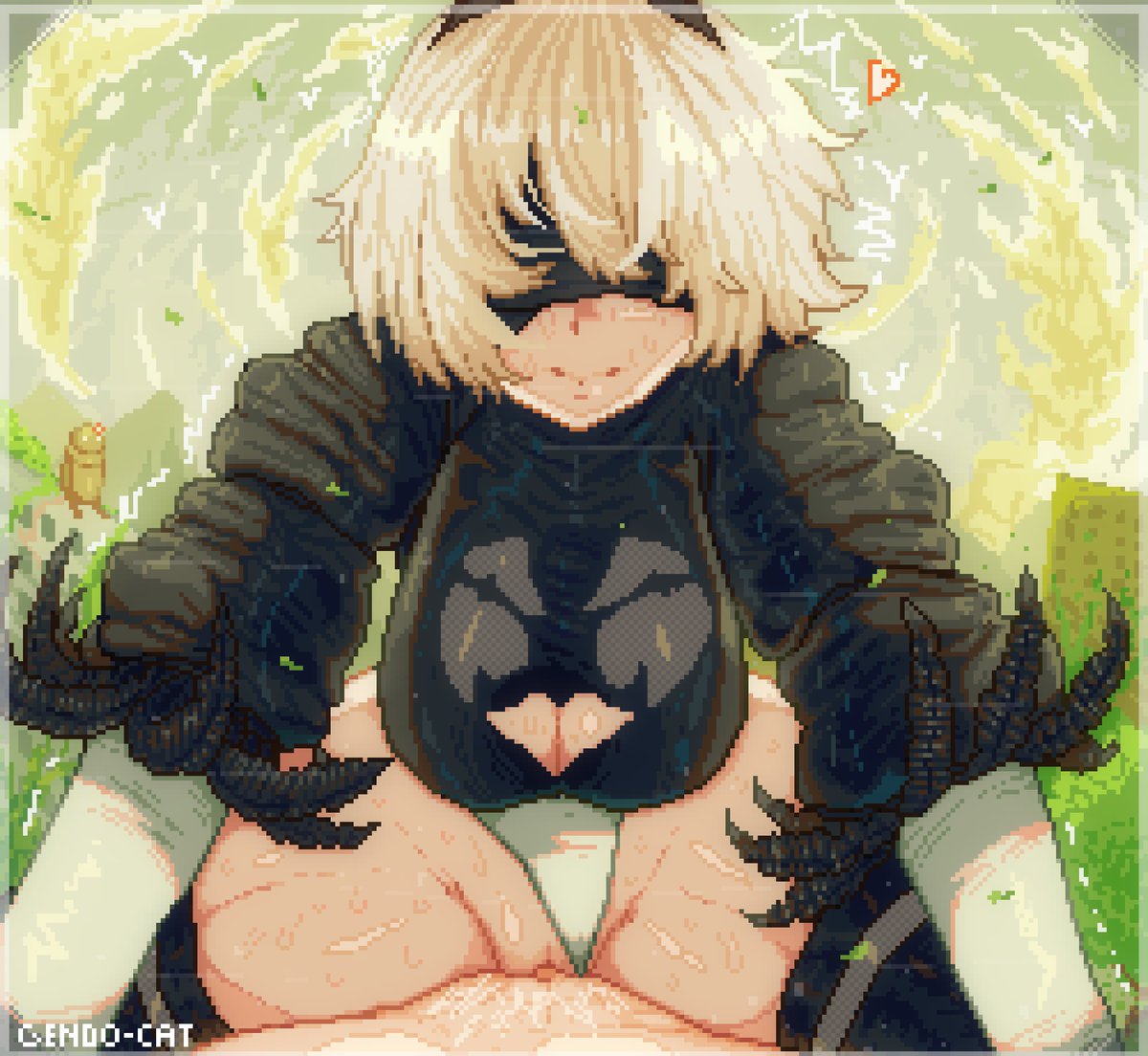 1female 1male ababachenchen background black_clothing blindfold breasts female heart lips nier nier:_automata nier_(series) pixel_(artwork) pixel_art pixelated sky vagina vaginal_penetration vaginal_sex white_hair yorha_2b