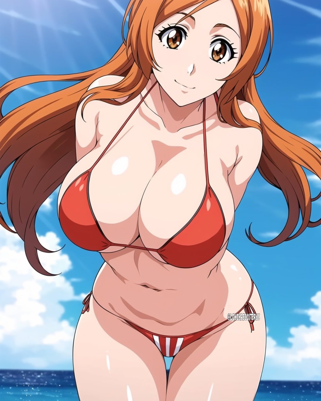 ai generated, arms behind back, bikini, bleach, bleach: the thousand-year blood war, breasts, busty, cleavage, clothing, female, full cleavage, high resolution, hourglass figure, inoue orihime, large breasts, leaning forward, leaning toward viewer, lokokabooster69, long hair, looking at viewer, navel, orange eyes, orange hair, smile, solo, swimsuit, thin waist, wide hips