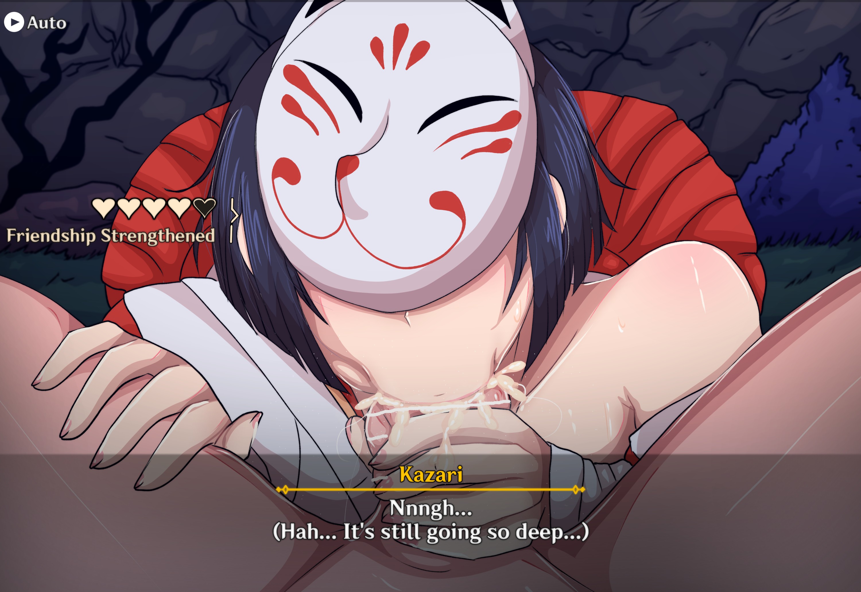 1boy, 1girls, aether (genshin impact), age difference, blowjob, cum, cum in mouth, cum inside, dialogue, ejaculation, fellatio, female, genshin impact, grimmelkin, hanachirusato (genshin impact), hand on leg, hand on penis, heart, kazari (genshin impact), kimono, lips, male, mask, muscles, nails, npc, npc (genshin impact), penis, saliva, saliva trail, short hair, swallowing