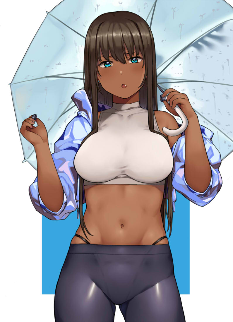 1girls bare_shoulders black_hair black_panties blue_eyes blush breasts dark-skinned_female dark_skin hai_ookami jacket leggings long_hair looking_at_viewer midriff navel oerba_yun_fang open_mouth original panties pantylines simple_background solo umbrella underwear white_background