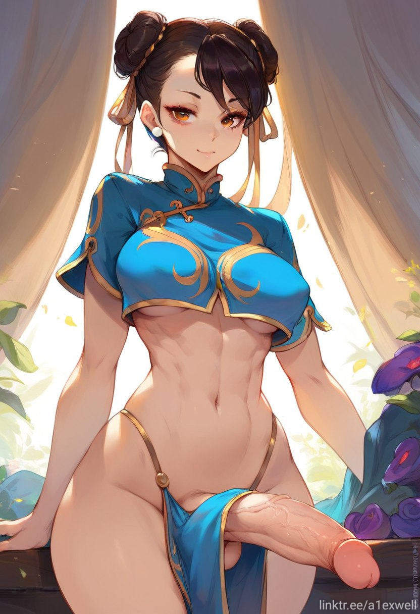 1futa, a1exwell, ai generated, balls, chun-li, erect penis, erection, futa only, futa sans pussy, futanari, huge cock, intersex, large penis, pelvic curtain, penis, solo futa, stable diffusion, street fighter, testicles