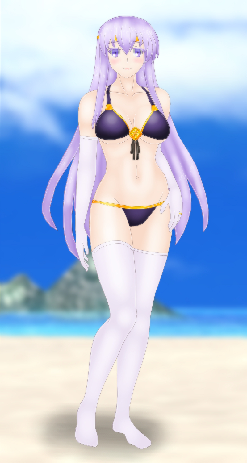 1girls bikini elbow_gloves fire_emblem fire_emblem:_genealogy_of_the_holy_war gloves itsukiru julia_(fire_emblem) looking_at_viewer medium_breasts nintendo purple_bikini purple_eyes purple_hair purple_sweater smile solo swimsuit thighhighs underboob very_long_hair