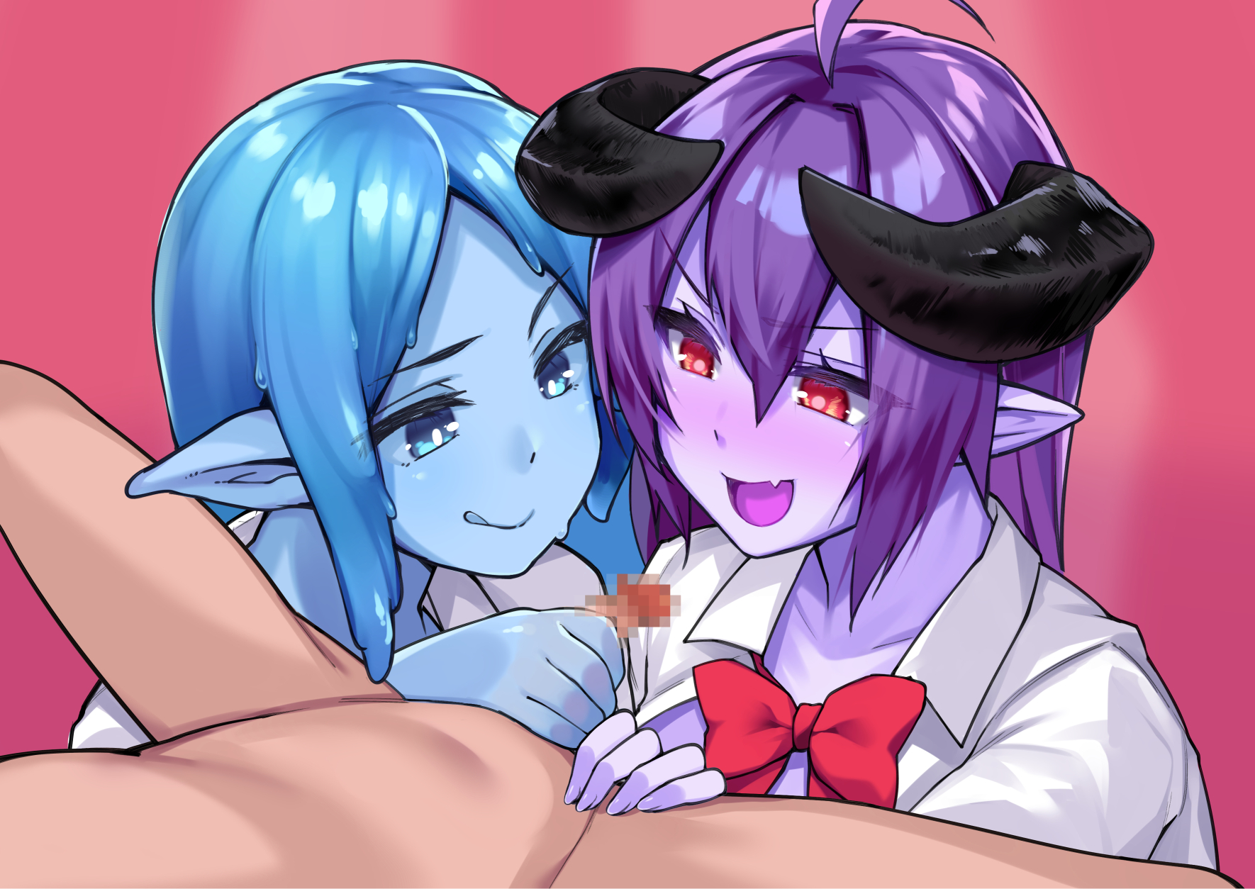 :d, :q, 1boy, 2girls, ahoge, arunira, blue hair, blue sclera, blue skin, blush, bow, bowtie, bright pupils, brll, censored, clothed female nude male, collared shirt, colored sclera, colored skin, demon, demon girl, female, ffm threesome, fingernails, group sex, hair between eyes, handjob, highres, horns, light skin, light-skinned male, long hair, looking at penis, male, monster girl, mosaic censoring, multiple females, multiple girls, nude, oerba yun fang, open mouth, original, penis, pink background, pink pupils, pointy ears, purple hair, purple skin, purple-skinned female, red bow, red eyes, red neckwear, shirt, skin fang, slime girl, small penis, small penis adoration, smile, straight, succubus, threesome, tongue, tongue out, white pupils, white shirt, wing collar