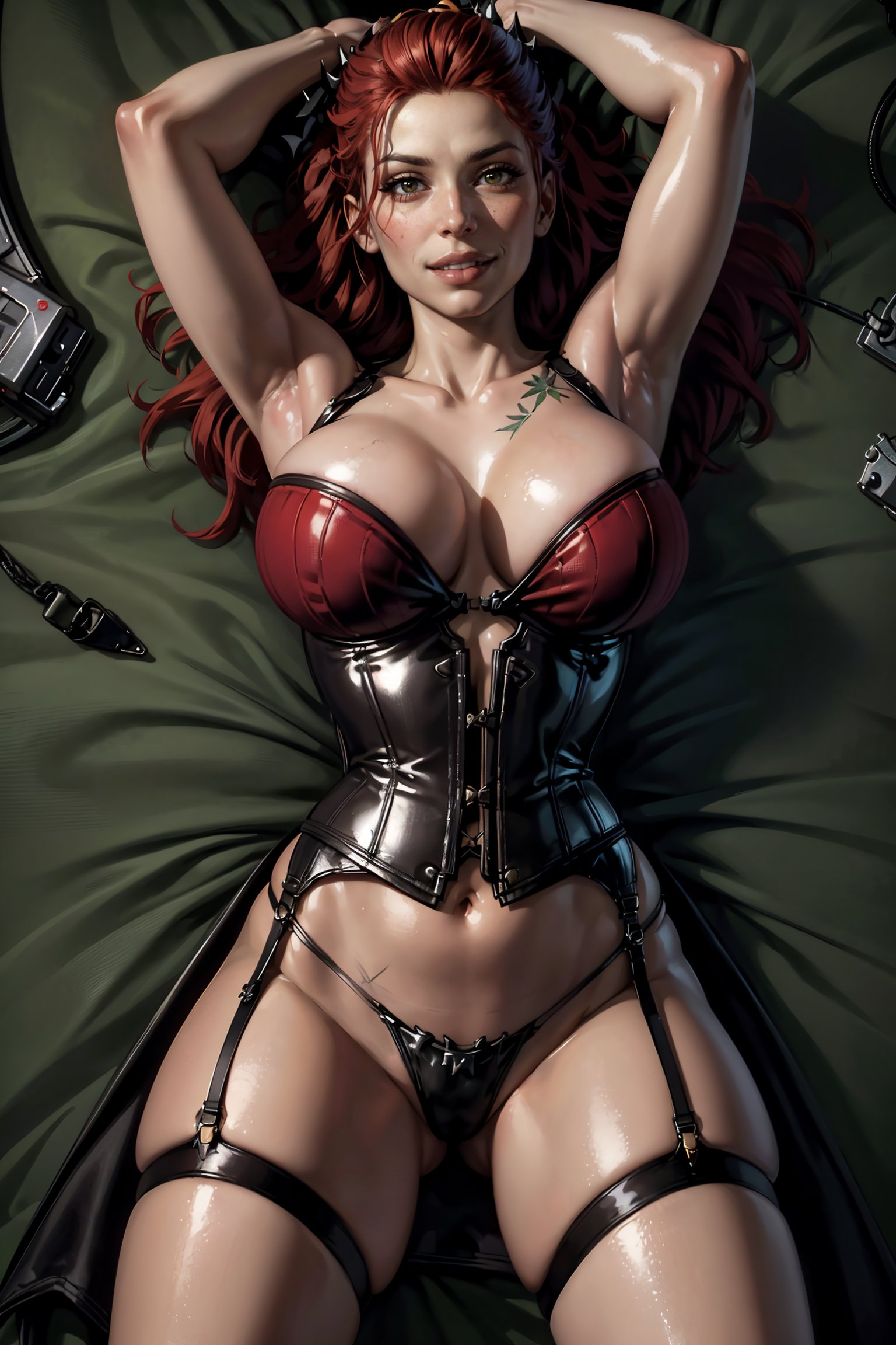 1girls, ai generated, amber eyes, batman: arkham city, big breasts, breasts, dc, dc comics, female, front view, garter straps, league69, long hair, looking at viewer, no pants, poison ivy, red hair, thighs
