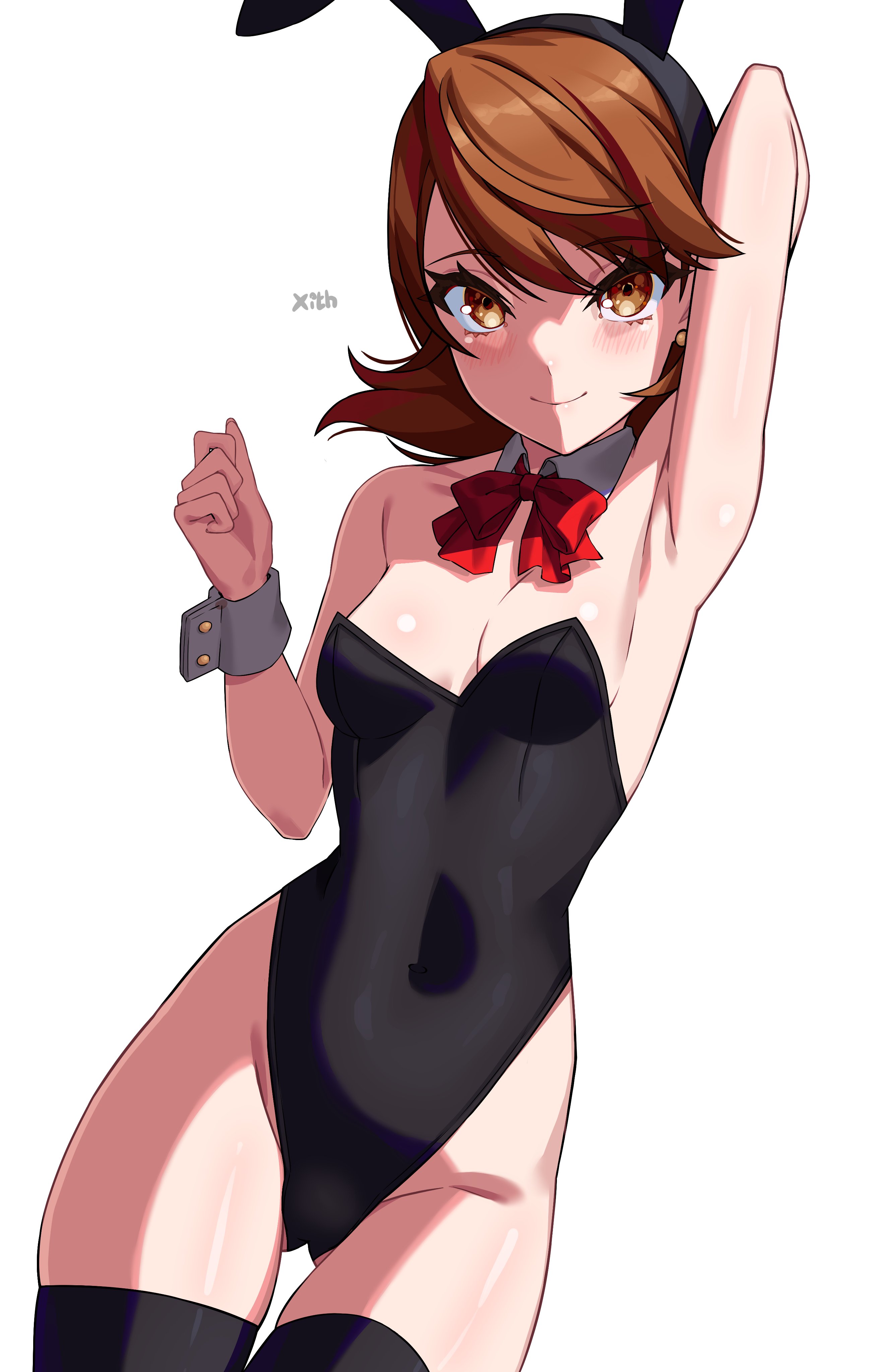 ass visible through thighs, atlus, bowtie, breasts, bunny ears, bunnysuit, cleavage, detached collar, fake animal ears, female, female only, leotard, looking at viewer, persona, persona 3, solo, tagme, white background, wrist cuffs, x xith x, yukari takeba