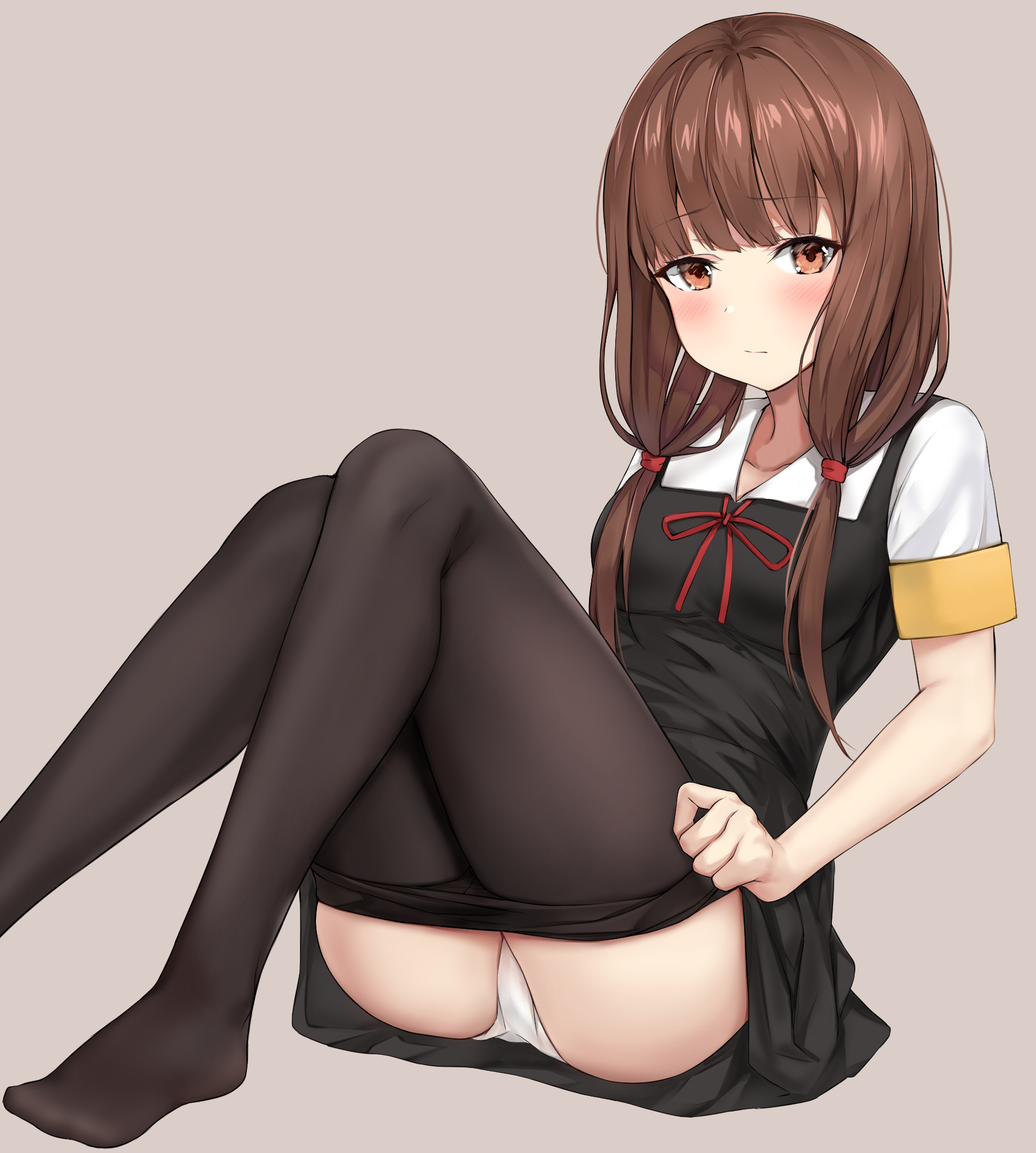 1girls, absurd res, absurdres, arm band, ass, bare ass, black pantyhose, blush, breasts, dot nose, elbows, embarrassed, embarrassed female, feet, female, female focus, female only, fingers, full body, grey background, groin, high resolution, highres, hosh, iino miko, kaguya-sama wa kokurasetai ~tensai-tachi no renai zunousen~, knees, legs, light skin, long hair, looking at viewer, medium breasts, panties, pantyhose, school uniform, shoulders, simple background, sitting, slender body, slender waist, slim female, slim waist, solo, student, teenager, thick thighs, thighs, thin waist, twintails, undressing, undressing self