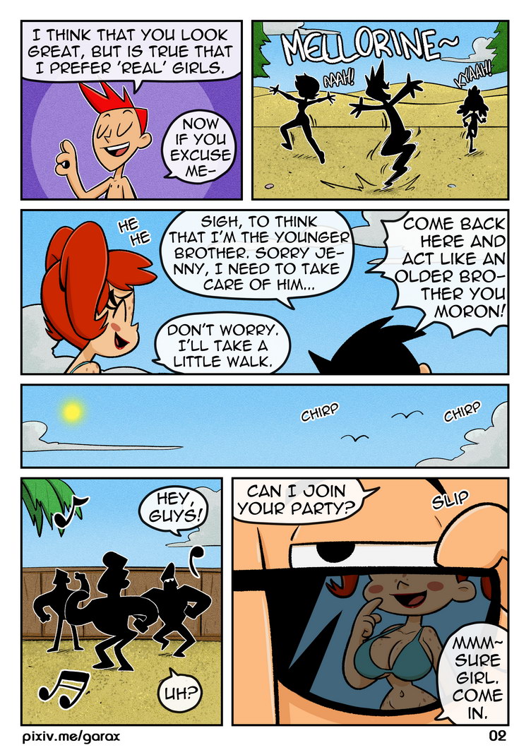 brad_carbunkle comic female garabatoz humanized jenny_wakeman jenny_wakeman_(exo-skin) my_life_as_a_teenage_robot nickelodeon page_2 personification red_hair smile smooth_skin swimsuit tuck_carbunkle xj-9