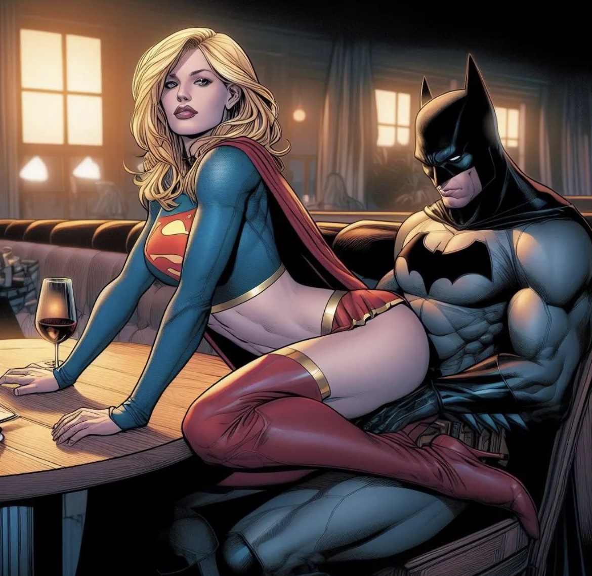 ai generated, batman, batman (bruce wayne), batman (series), bruce wayne, dc, dc comics, female, imminent sex, supergirl, superhero, superheroine, superman (series), tagme