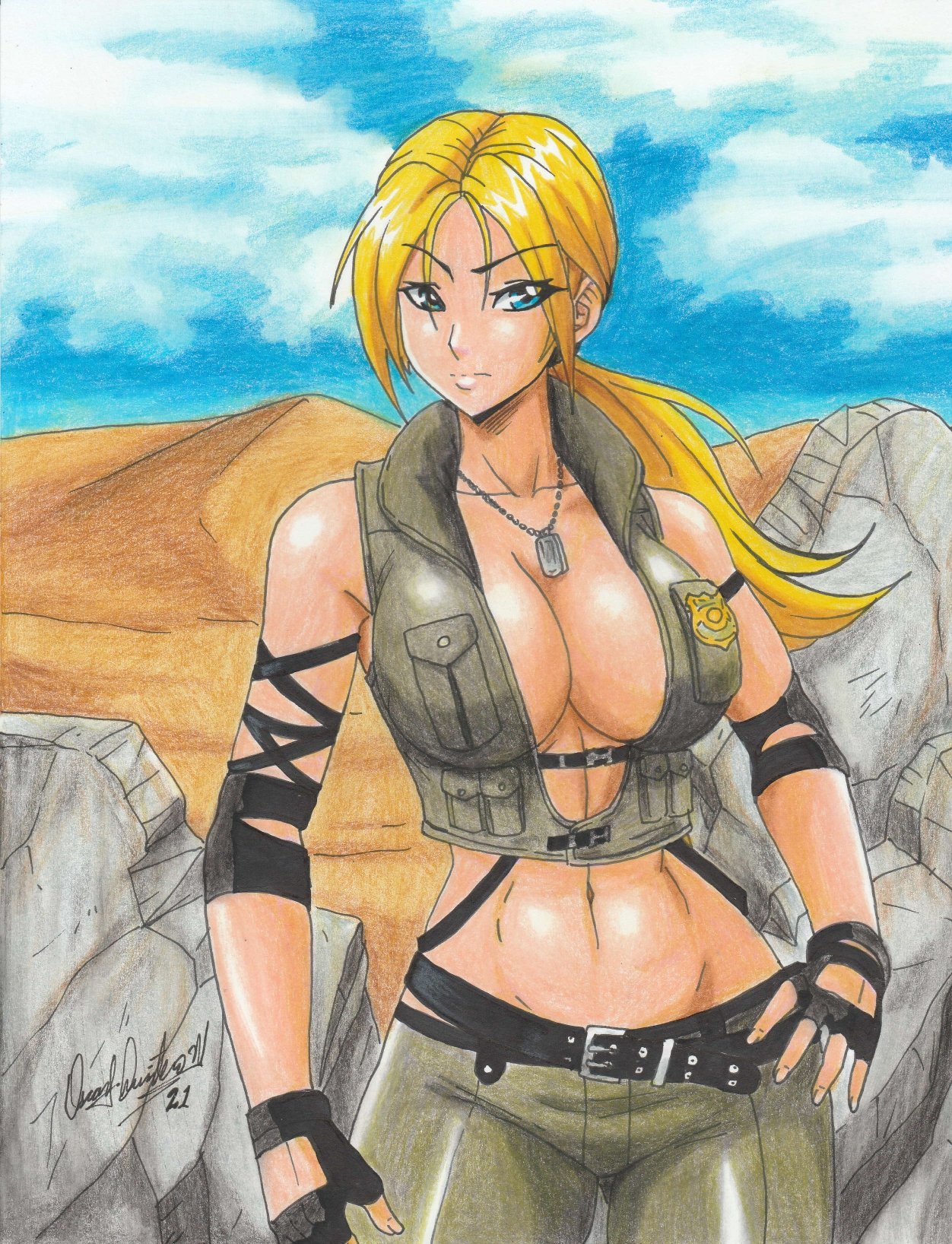 1girls, 2021, 2d, bare midriff, belly button, big breasts, blonde hair, blue eyes, breasts, cleavage, dog tags, female, female only, frown, jacket, large breasts, mortal kombat, navel, no bra, pencil (artwork), ponytail, ravern clouk, solo, sonya blade, tagme