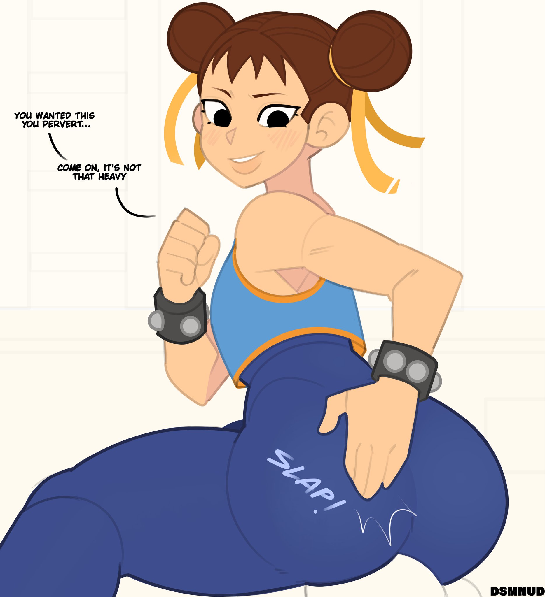 1girls, 1other, ambiguous gender, anon, armpits, artist name, asian, asian female, ass, ass focus, ass slap, athletic, athletic female, back, back view, bare arms, big ass, black eyes, blush, blush lines, bodysuit, bottom heavy, bracelet, brown hair, capcom, chinese female, chun-li, clothed, clothed female, clothes, clothing, dirty talk, dsmnup, duo, english text, eyelashes, facesitting, female, female focus, female/ambiguous, fit, fit female, flat chest, from behind, fully clothed, hair, hair bun, hi res, human, human only, large ass, light skin, light-skinned female, looking back, looking back at partner, looking down, looking down at partner, medium hair, rear view, simple background, sitting, sitting on person, skin tight, slap, smile, smiling, source request, spanking, spiked bracelet, street fighter, street fighter alpha, talking, talking to partner, tank top, text, thick thighs, thighs, three-quarter portrait, topwear, twin buns, white background, wide hips