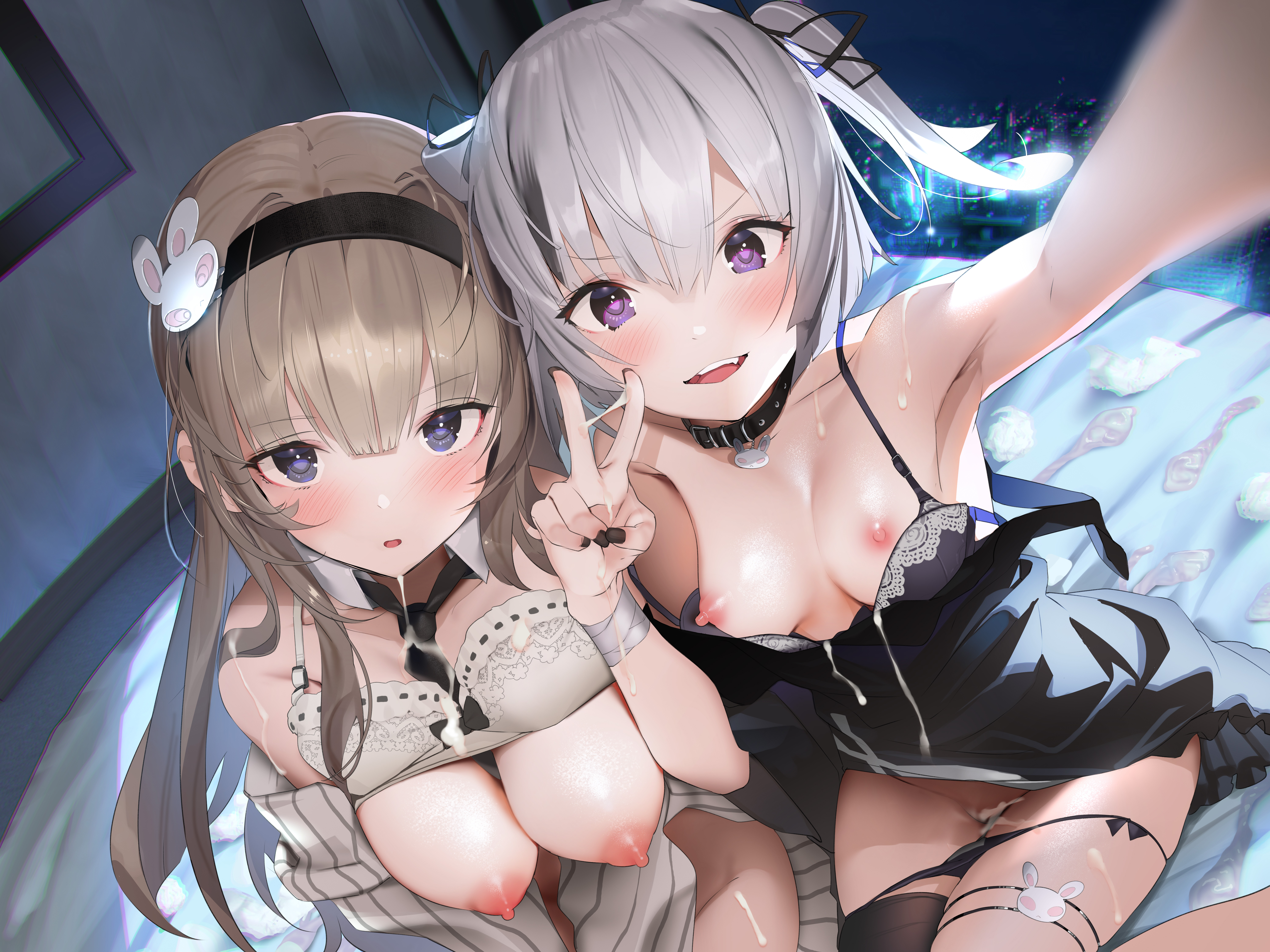 2girls, absurdres, armpits, between breasts, black bra, black legwear, black nails, black panties, blue eyes, blurry, blurry foreground, blush, bra, bra lift, breasts, brown hair, chromatic aberration, collar, condom, cum, cum on body, cum on breasts, depth of field, facial, female, fisheye, hair ribbon, hairband, highres, indoors, kaede (sayappa), large breasts, long hair, looking at viewer, medium breasts, multiple females, multiple girls, nail polish, necktie, necktie between breasts, night, non-web source, oerba yun fang, original, panties, panty pull, purple eyes, ribbon, selfie, sidelocks, silver hair, single thighhigh, sitting, smile, strap slip, thighhighs, two side up, underwear, used condom, used tissue, v