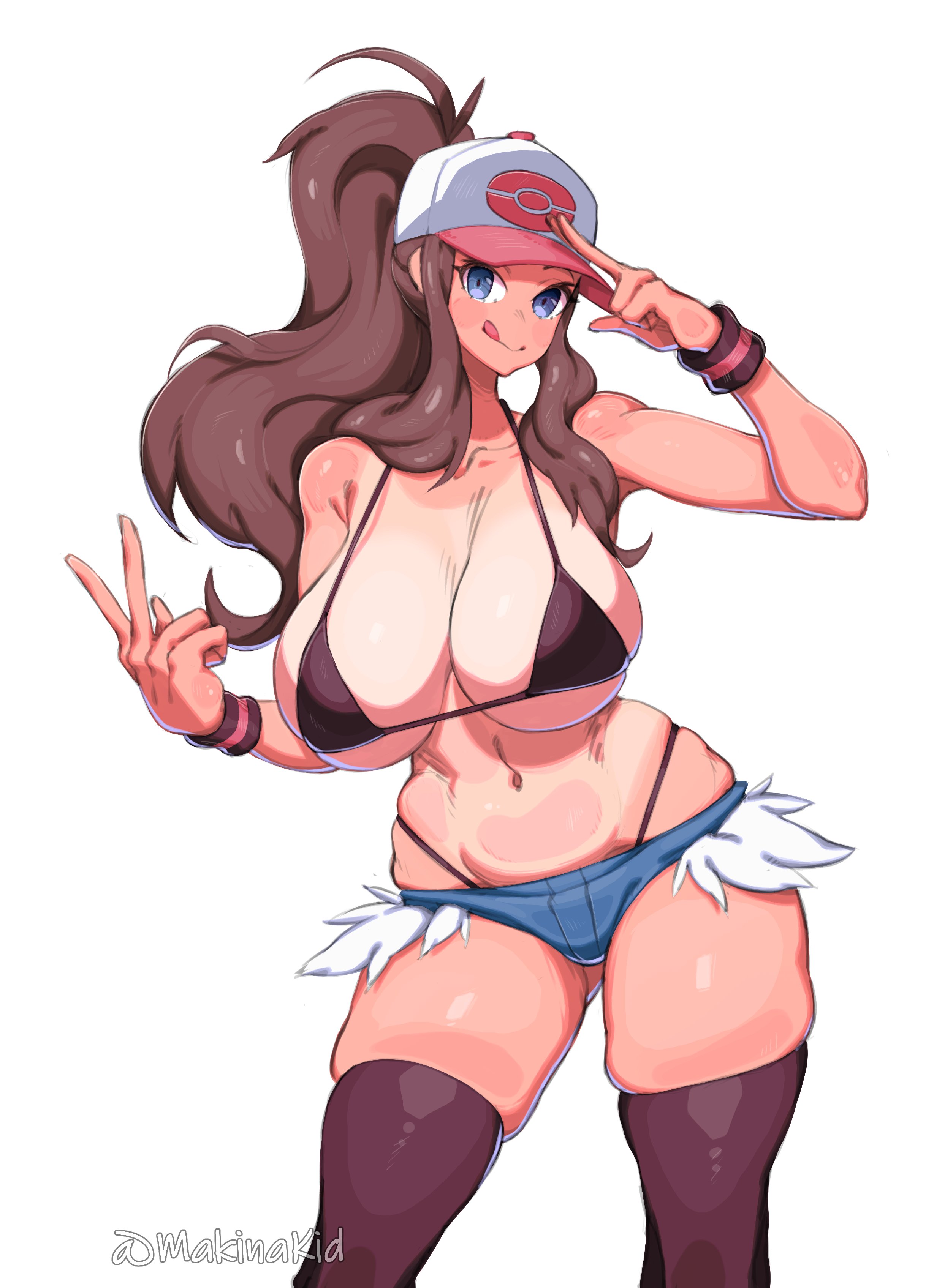 1girls, 5 fingers, alternate breast size, armpits, bare shoulders, big breasts, blue eyes, breasts, brown hair, female, female only, hilda (pokemon), hips, hourglass figure, huge breasts, human, human only, humanoid, large breasts, makinakid, minishorts, nintendo, pokemon, pokemon bw, shorts, simple background, solo, solo female, standing, text, thick, thick thighs, thigh gap, thighhighs, thighs, thong, tombo, tongue, tongue out, v, voluptuous, watermark, white background, wide hips
