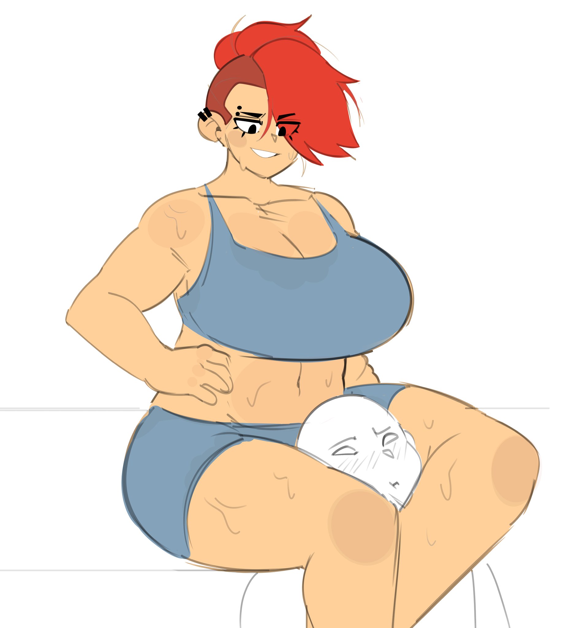 1girls, 1other, 2024, ambiguous gender, anon, asphyxiation, ass, belly button, between legs, between thighs, biceps, big ass, big breasts, black eyes, bottomwear, breasts, busty, calves, cleavage, clothed, clothed female, clothes, clothing, curvaceous, curvy, dsmnup, duo, ear piercing, eyebrow piercing, eyelashes, eyes visible through hair, female, female/ambiguous, front view, fully clothed, grin, hair, hair over one eye, hand on hip, head between thighs, headscissor, hi res, huge breasts, human, human only, large ass, large breasts, leg lock, light skin, light-skinned female, looking at partner, looking down, looking down at partner, medium hair, mohawk, muscular, muscular arms, muscular female, navel, original, original character, piercing, red hair, shaved side, shorts, side shave, simple background, sitting, smile, smiling, sports bra, sportswear, stomach, sweat, sweatdrop, sweating, sweaty, sweaty body, sweaty thighs, tank top, teeth, thick thighs, thighs, topwear, voluptuous, white background, wide hips