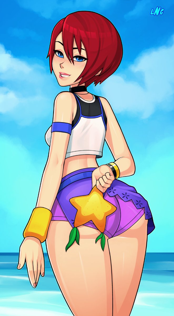 1girls, ass, back view, beach, biting lip, blue eyes, bracelet, choker, clothed, come hither, crop top, disney, female, female only, fruit, inviting, kairi, kingdom hearts, loodncrood, looking at viewer, ocean, red hair, red-haired female, seductive, seductive look, seductive smile, short hair, shorts, skin tight, skirt, smile, solo, square enix, tank top, tight clothing, tight shorts, very short hair