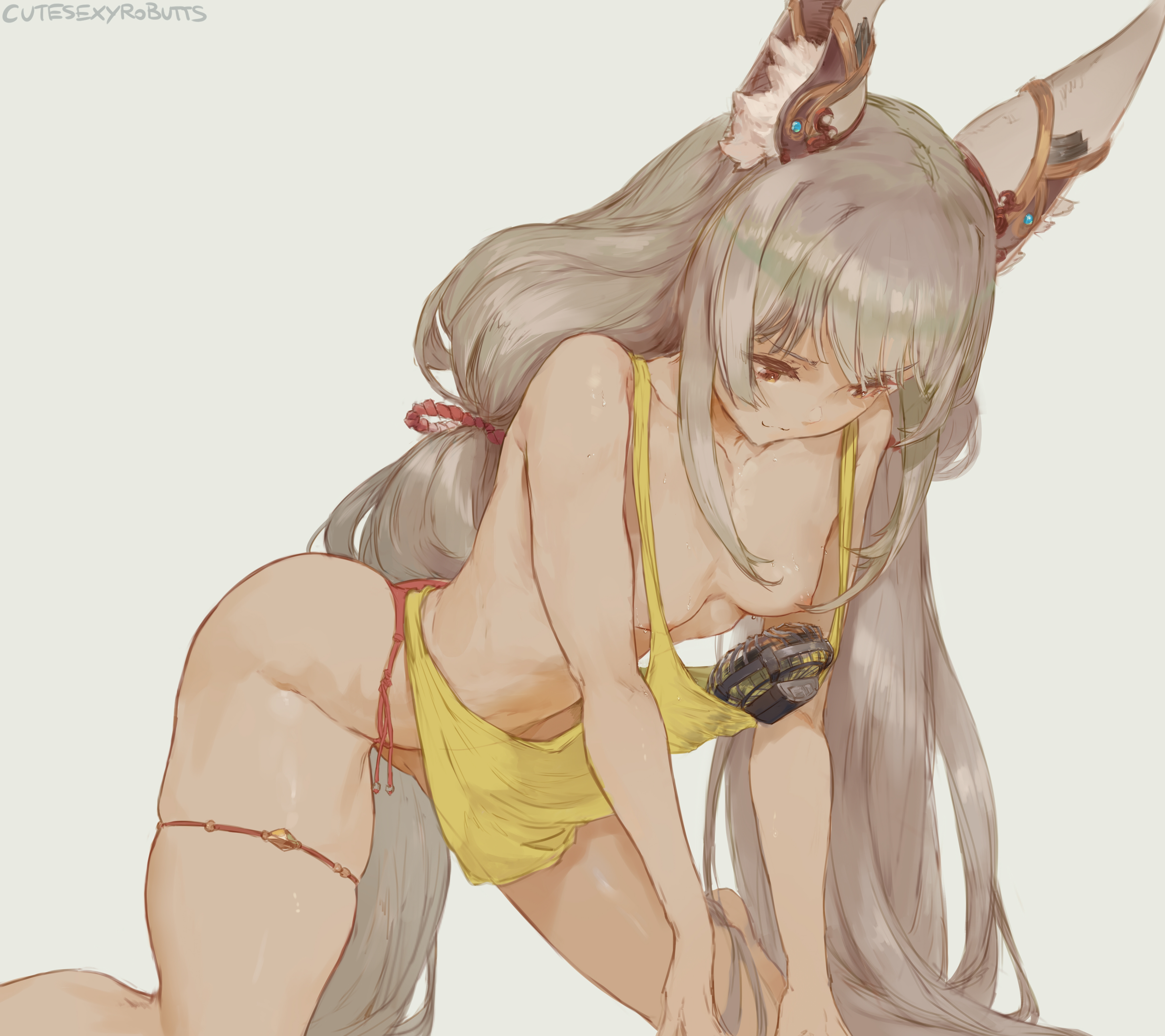 :3, 1girls, absurd res, animal ears, artist name, breasts, brown eyes, cutesexyrobutts, fan, female, female only, fox ears, fox girl, fox tail, grey hair, hi res, kemonomimi, looking down, nia, nia (blade), nia (xenoblade), nintendo, nipple slip, shiny skin, signature, simple background, small breasts, solo, thick thighs, thighs, xenoblade (series), xenoblade chronicles 2