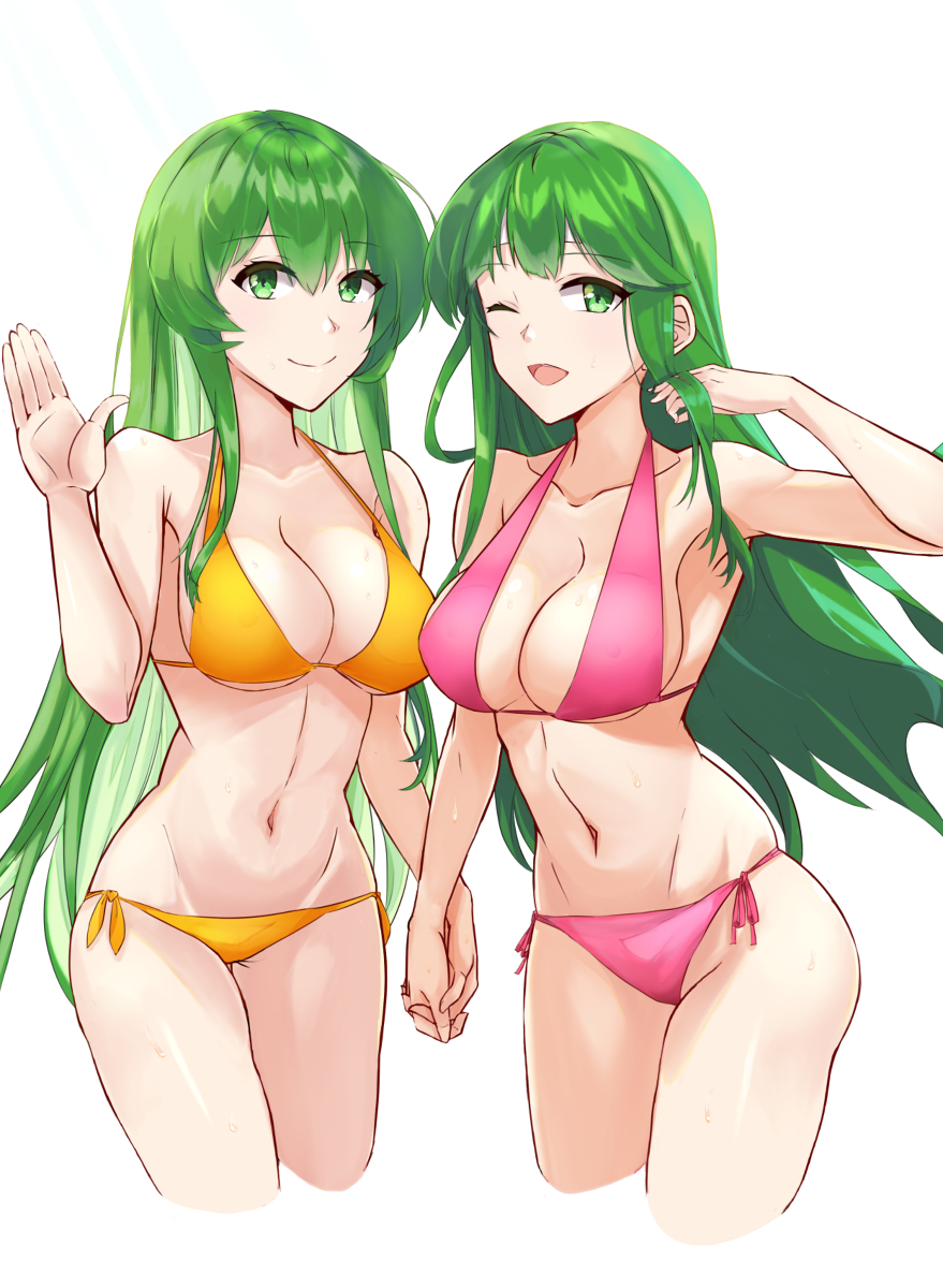 2girls alternate_costume bikini breasts chuu_(rinet) erinys_(fire_emblem) fire_emblem fire_emblem:_genealogy_of_the_holy_war fire_emblem:_mystery_of_the_emblem fire_emblem:_shadow_dragon_and_the_blade_of_light green_eyes green_hair handholding holding_hands legs long_green_hair looking_at_viewer orange_bikini orange_swimsuit palla_(fire_emblem) pink_bikini pink_swimsuit smile swimsuit thighs thu_pet wink