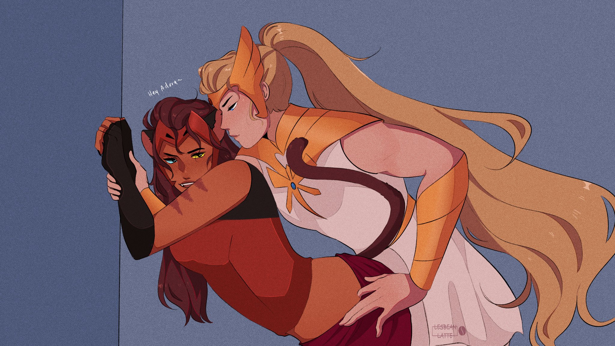 2girls, adora, assertive, assertive female, blonde female, blonde hair, blue eyes, brown hair, canon couple, cat ears, cat girl, cat tail, catgirl, catra, clothed, dark skin, dark-skinned female, dialogue, english text, female, female only, heterochromia, holding arm, imminent sex, lesbeanlatte, light skin, light-skinned female, long hair, muscular, muscular female, ponytail, pulling down pants, seductive, seductive look, she-ra, she-ra and the princesses of power, smile, tail, text, tied hair, yellow eyes, yuri