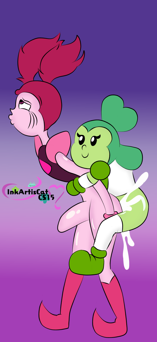 cum fan_character gem_(species) gemsona green_hair green_skin green_spinel inkrodogem pink_eyes pink_hair pink_skin spinel_(steven_universe) spinel_green steven_universe stomach_bulge