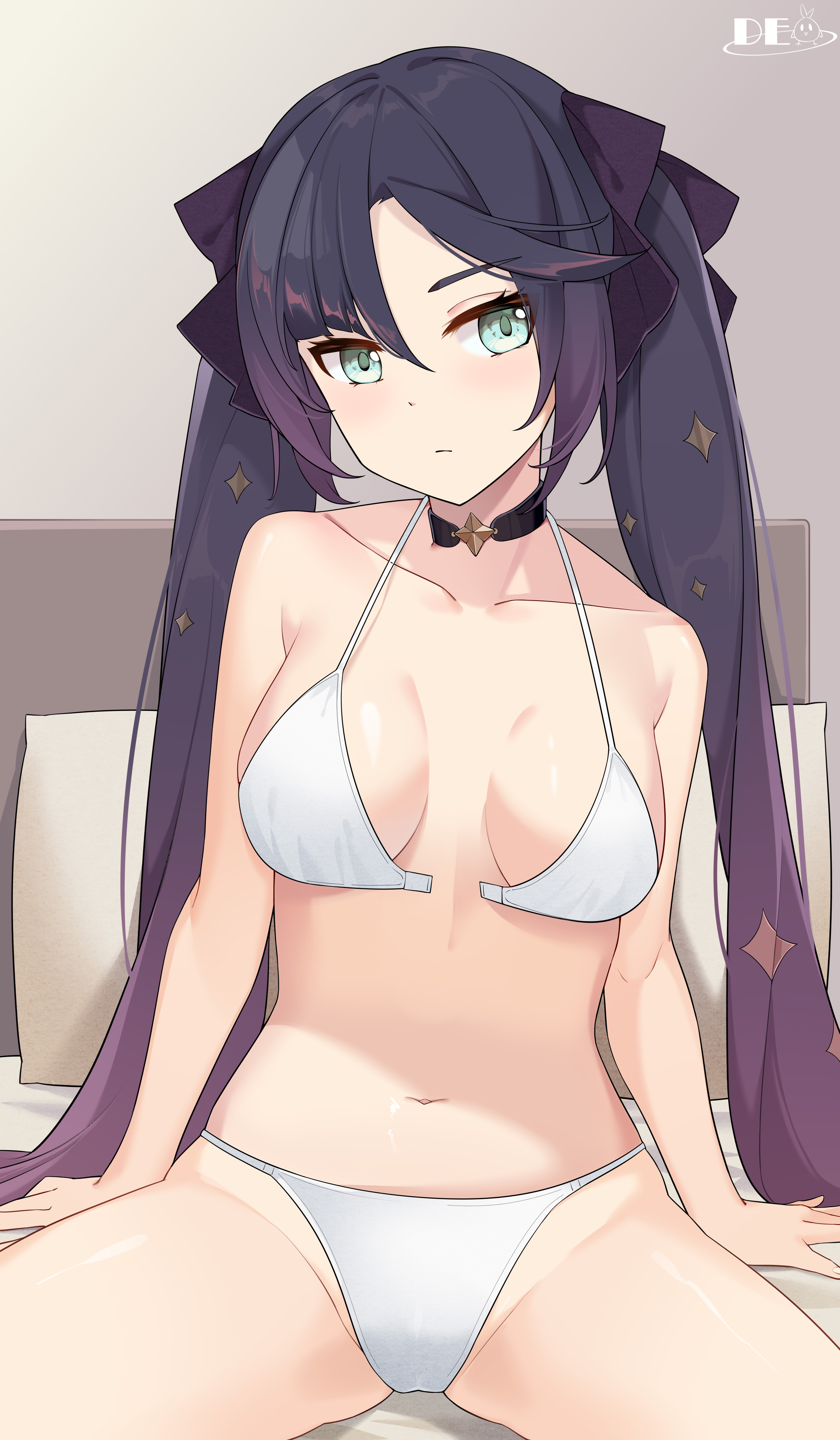 1girls, bed, bedsheets, bra, breasts, female, genshin impact, kemile, long hair, mona (genshin impact), panties, purple hair, sitting on bed, solo, twintails, white skin