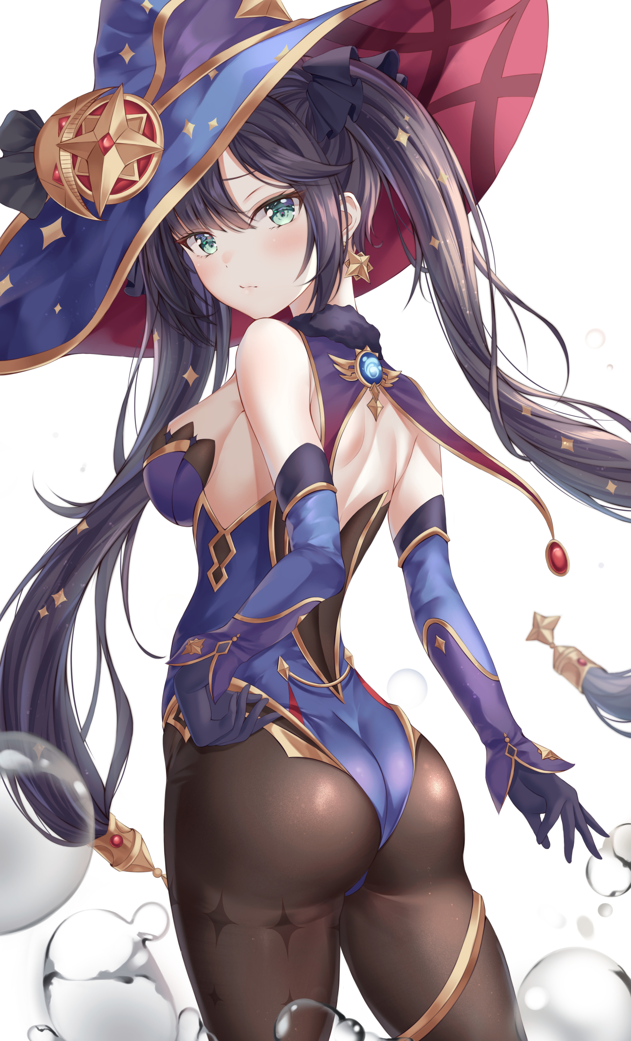 1girls, aqua eyes, ass, bnari, breasts, clothed, clothing, ear piercing, female, genshin impact, hat, long hair, looking at viewer, mona (genshin impact), purple hair, sideboob, solo, twintails, white background, white skin