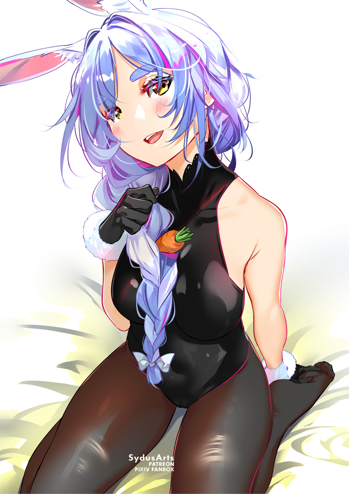 1girls, 2020s, 2021, 2d, alternate version available, animal ears, artist name, big breasts, black gloves, black legwear, black leotard, black pantyhose, blush, braid, breasts, bunny ears, bunny girl, clothed, clothed female, covered breasts, covered navel, covered nipples, covered pussy, female, female focus, female only, gloves, hololive, hololive fantasy, hololive japan, holomilfs, kemonomimi, leotard, light skin, light-skinned female, long braid, looking at viewer, mature, mature female, milf, open mouth, pale skin, pale-skinned female, pantyhose, pekomama, pussy, seiza, simple background, sleeveless, slim waist, solo, sydus, virtual youtuber, watermark, white background, wide hips