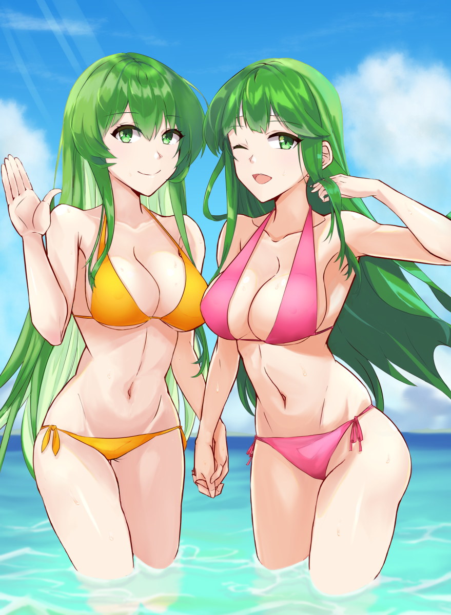 2girls alternate_costume beach bikini blue_sky breasts chuu_(rinet) erinys_(fire_emblem) fire_emblem fire_emblem:_genealogy_of_the_holy_war fire_emblem:_mystery_of_the_emblem fire_emblem:_shadow_dragon_and_the_blade_of_light green_eyes green_hair handholding holding_hands legs long_green_hair looking_at_viewer nintendo orange_bikini orange_swimsuit palla_(fire_emblem) pink_bikini pink_swimsuit sky smile swimsuit thighs thu_pet water wink