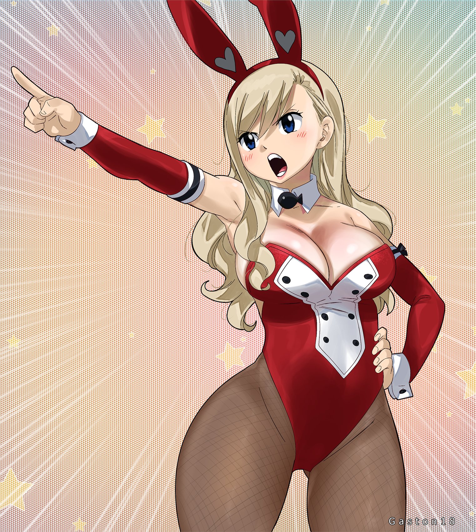1girls, big breasts, blonde hair, blonde-haired female, blue eyes, breasts, bunny ear, bunny ears, bunny girl, bunnysuit, cleavage, edens zero, female, gaston18, long hair, pantyhose, rebecca bluegarden, sole female, solo, standing, thick thighs