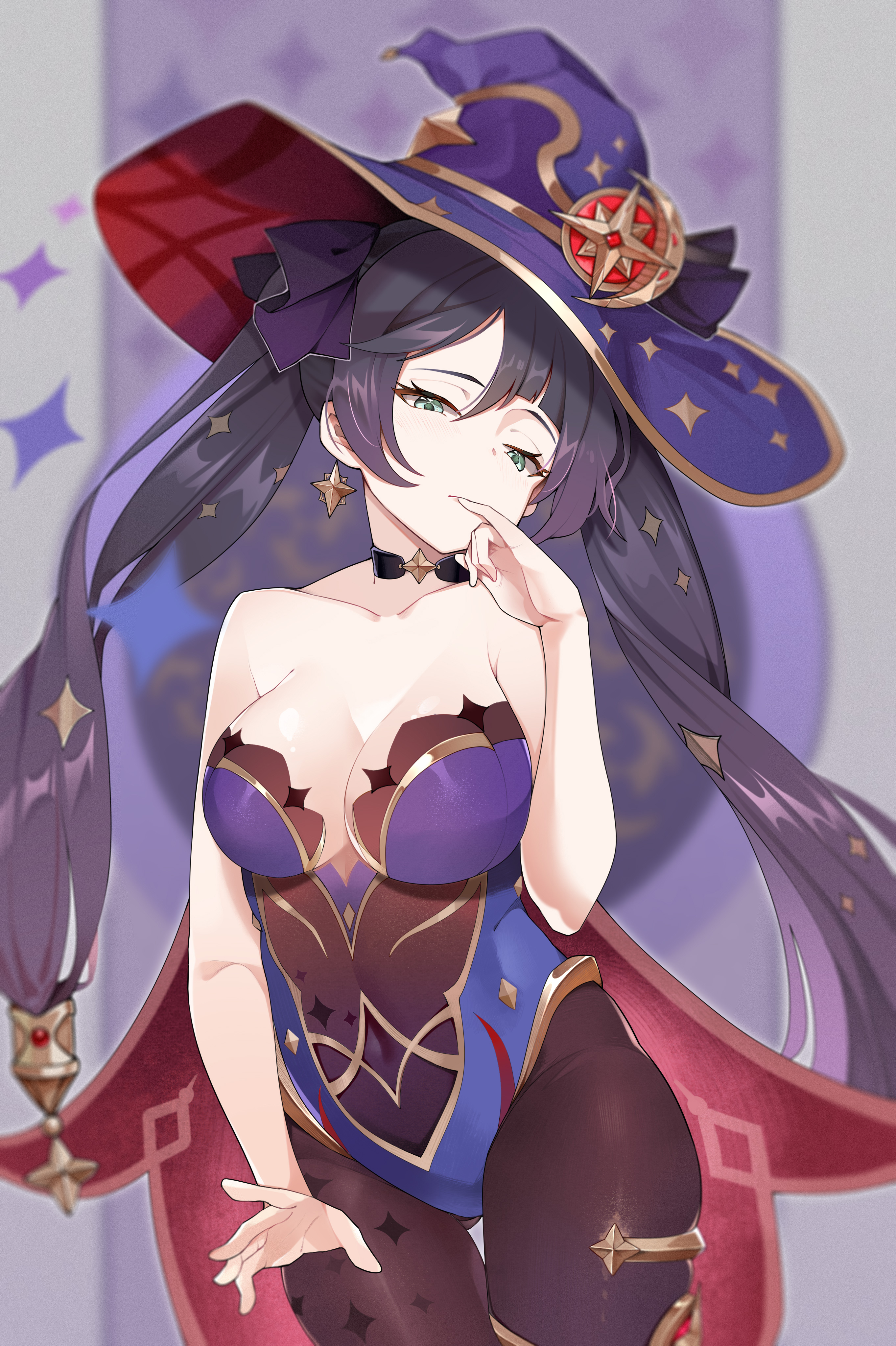 1girls, aqua eyes, ass visible through thighs, breasts, cape, clothed, clothing, female, genshin impact, hat, kemile, long hair, looking at viewer, mona (genshin impact), purple hair, solo, the first pigeon ji, twintails, white skin