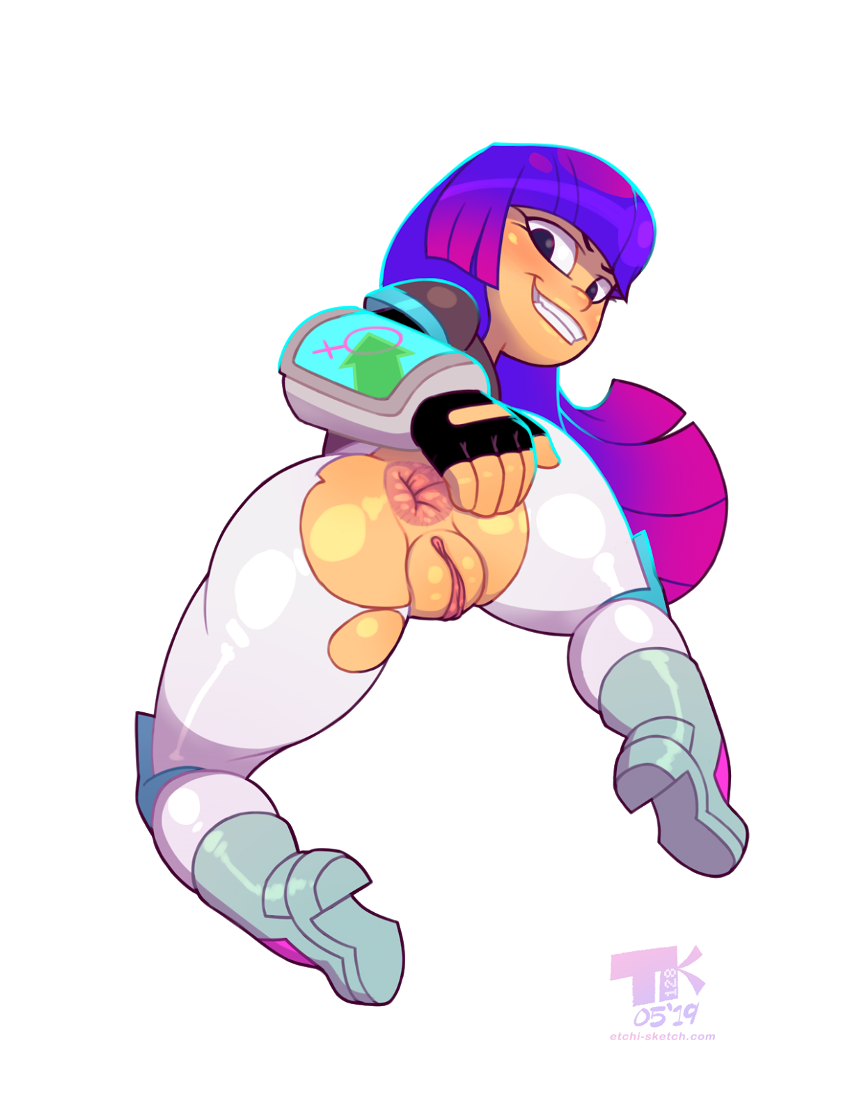 1girls, 2019, alternate version available, artist logo, asian, asian female, ass, ass focus, ass grab, ass up, back view, bangs, boots, butt focus, calves, clothed, clothed female, clothes, clothing, color, colored, exposed, exposed anus, exposed ass, exposed pussy, eye contact, female, female focus, female only, fingerless gloves, gauntlets, glitch techs, gloves, hair, hand on ass, hand on butt, labia, legs, light skin, light-skinned female, long hair, looking at viewer, looking back, looking back at viewer, miko kubota, multicolored hair, netflix, nickelodeon, plain background, purple hair, pussy, rear view, ripped clothes, ripped clothing, ripped pants, showing ass, showing off, showing pussy, simple background, smile, smiling, smiling at viewer, solo, solo female, solo focus, spread ass, spread butt, spreading, spreading cheeks, teeth, teeth showing, teeth visible, thighs, tight clothes, tight clothing, tight fit, tight pants, torn clothes, torn clothing, torn legwear, torn pants, turk128, uniform, vulva, web address, white background