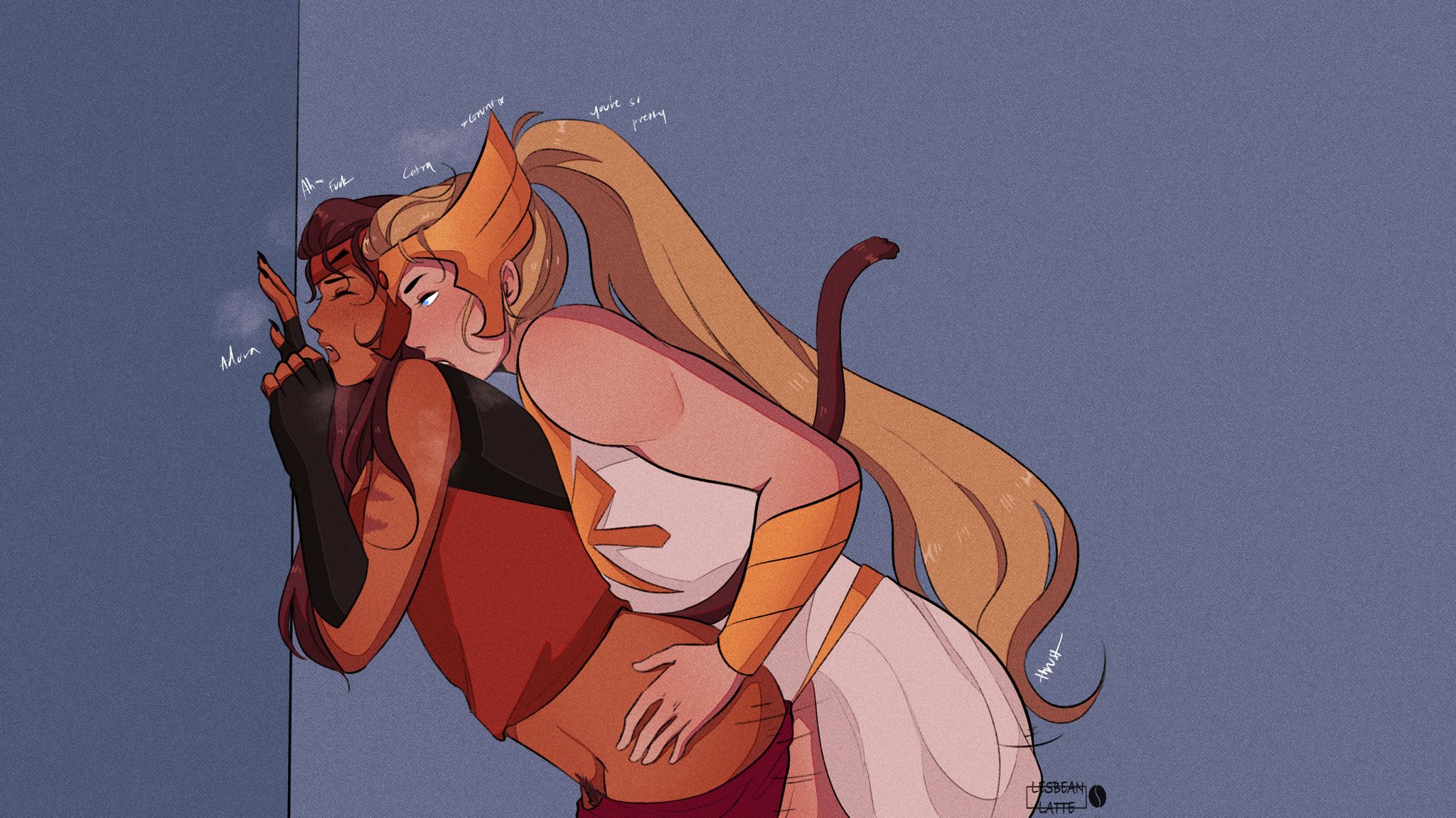 1futa, 1girls, adora, against wall, assertive, blonde hair, blue eyes, brown hair, canon couple, cat ears, cat girl, cat tail, catgirl, catra, closed eyes, clothed, compliment, dress, female, from behind, futa on female, futanari, heterochromia, implied futa, intersex, larger futa, lesbeanlatte, long hair, moaning, muscular, pants down, pleasured, ponytail, pubic hair, sex, she-ra, she-ra and the princesses of power, size difference, skirt, smaller female, standing sex, tail, text, tiara, tied hair, white dress, white skirt, yellow eyes