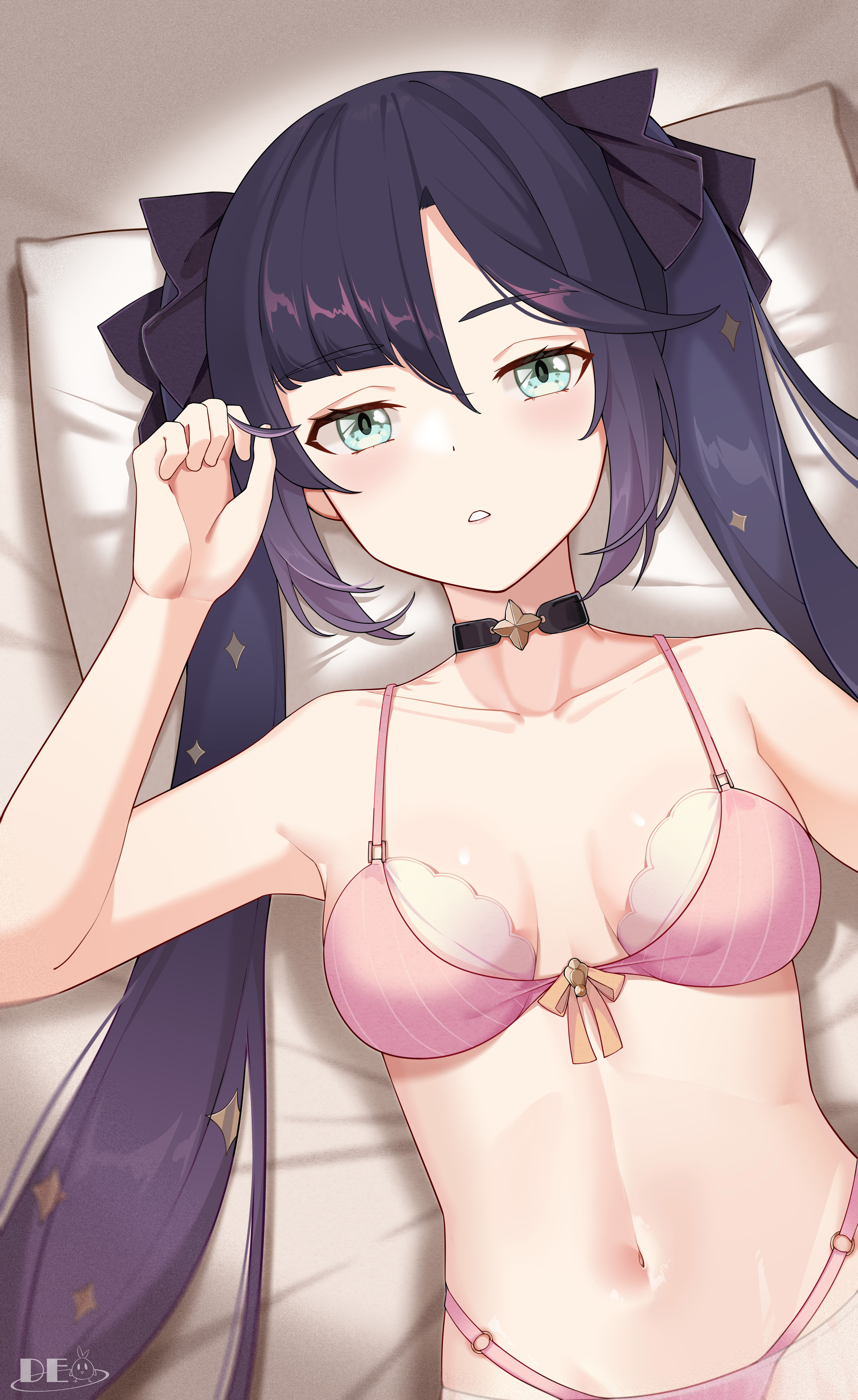 1girls, aqua eyes, bed, bedsheets, bra, breasts, female, genshin impact, kemile, long hair, looking at viewer, mona (genshin impact), on bed, panties, pillow, purple hair, sleepy, solo, twintails, white skin
