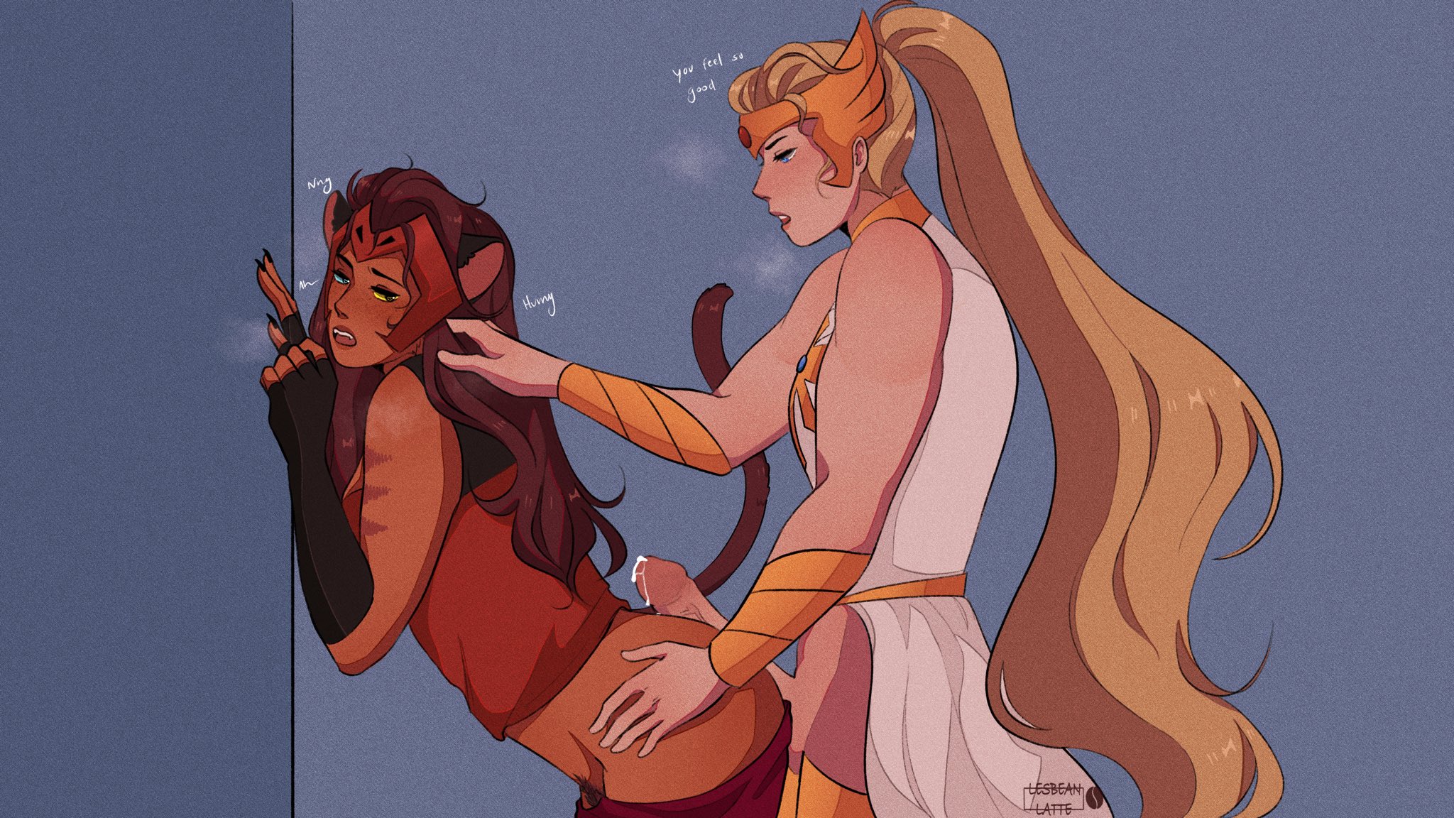1futa, 1girls, adora, against wall, ass, assertive, assjob, big penis, blonde hair, blue eyes, brown hair, buttjob, canon couple, cat ears, cat girl, cat tail, catgirl, catra, clothed, cum, dress, female, from behind, futa on female, futanari, heterochromia, intersex, larger futa, lesbeanlatte, long hair, moaning, muscular, pants down, penis, pleasured, ponytail, precum, pubic hair, she-ra, she-ra and the princesses of power, size difference, skirt, smaller female, smile, tail, text, tiara, tied hair, veiny penis, white dress, white skirt, yellow eyes