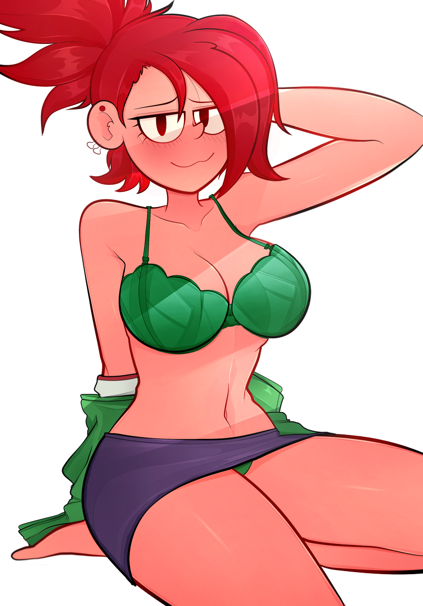 arkeus barefoot black_eyes blush bra breasts cartoon_network cleavage foster's_home_for_imaginary_friends frankie_foster green_panties kneeling large_breasts looking_at_viewer navel panties piercing ponytail red_hair skirt tagme upskirt