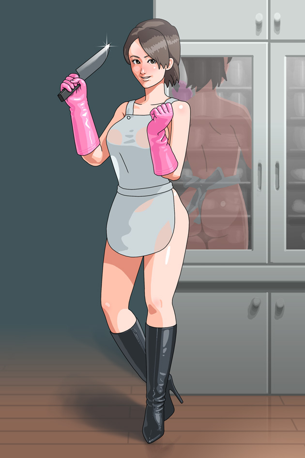 2d apron bare_legs black_footwear boots brown_hair cabinet crossed_legs elbow_gloves enkaboots female glint gloves high_heel_boots high_heels holding holding_knife kitchen_knife knee_boots knife looking_at_viewer naked_apron original pink_gloves reflection short_hair smile solo wooden_floor