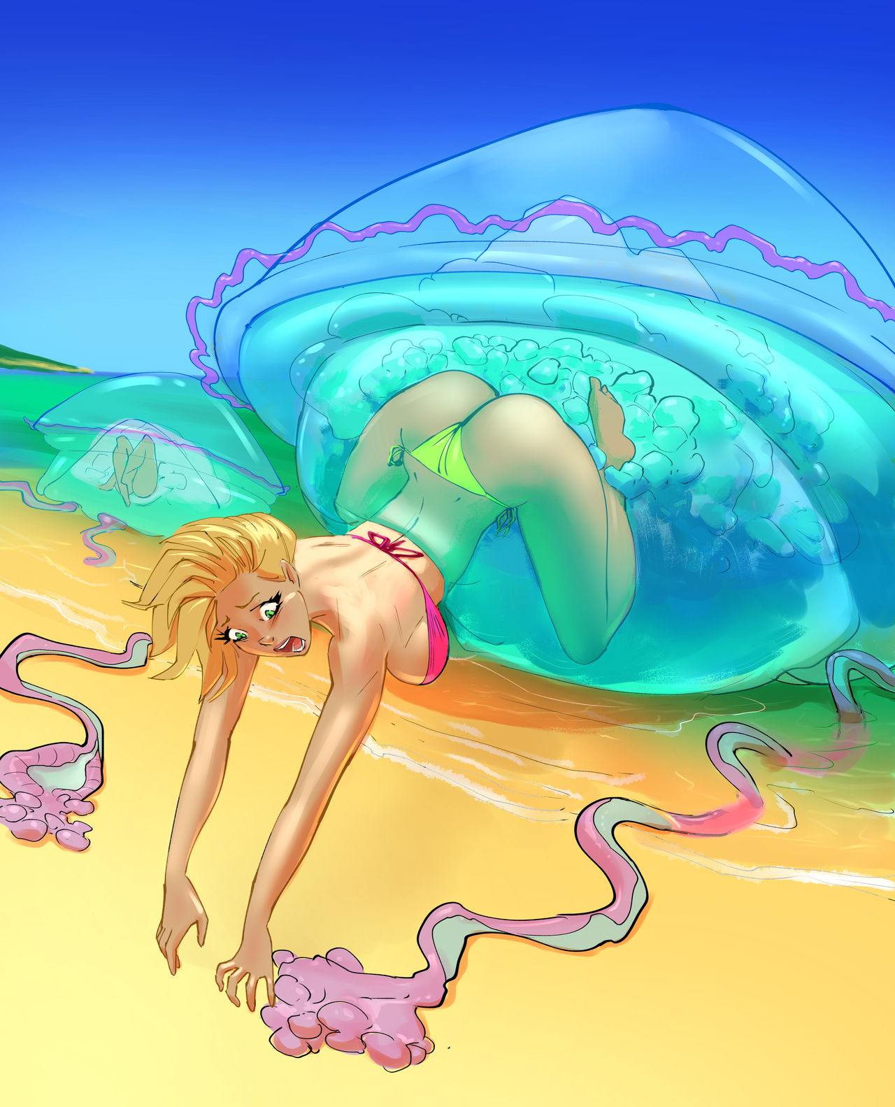 1girls, ass, bikini, female, human, jellyfish, oral vore, panties, platamatina (artist), slime monster, spread legs, vore