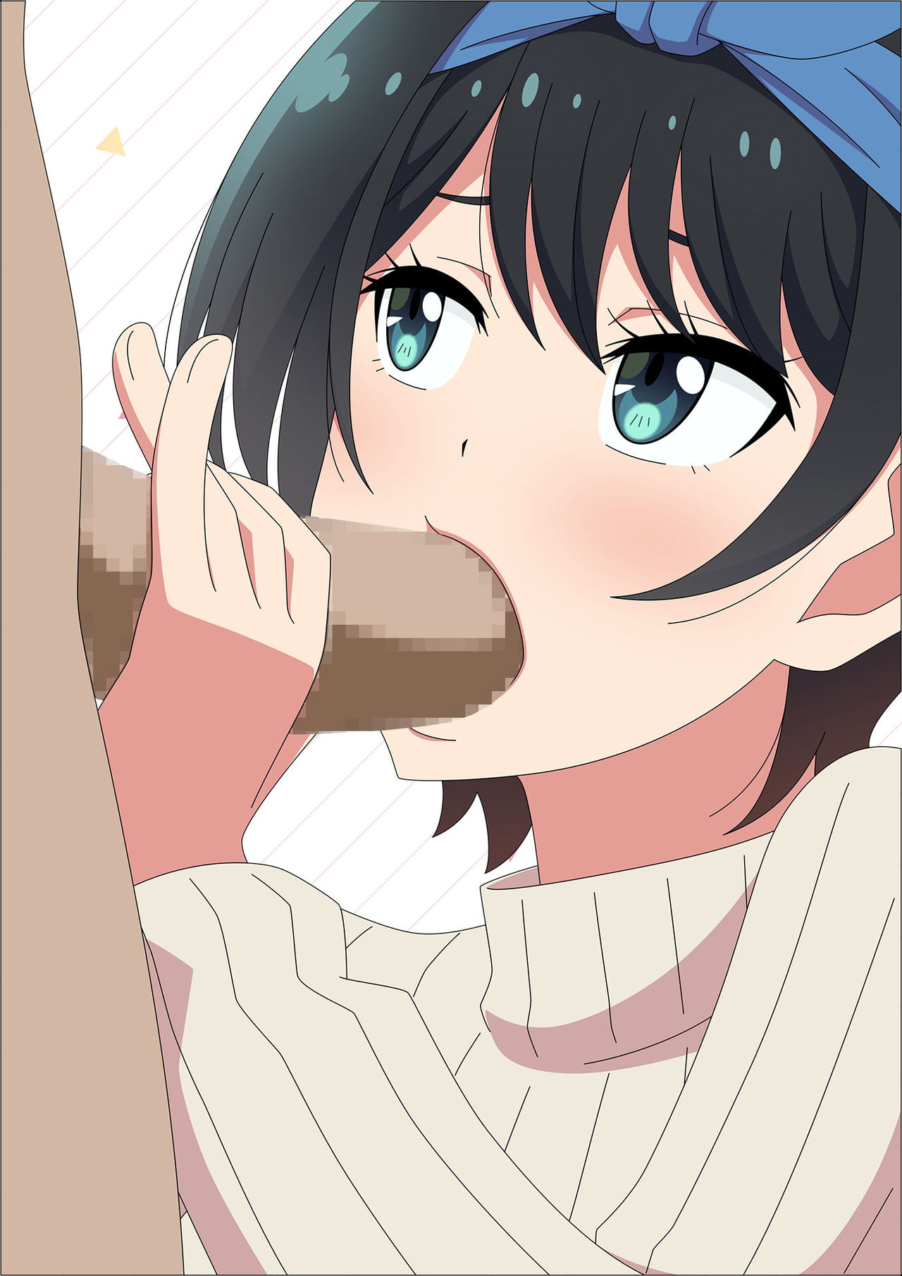 atelier gons, black hair, blue eyes, blue ribbon, censored, dark penis, dark-skinned male, fellatio, female, kanojo okarishimasu, male, mosaic censoring, oral, penis, sarashina ruka, short hair, sweater