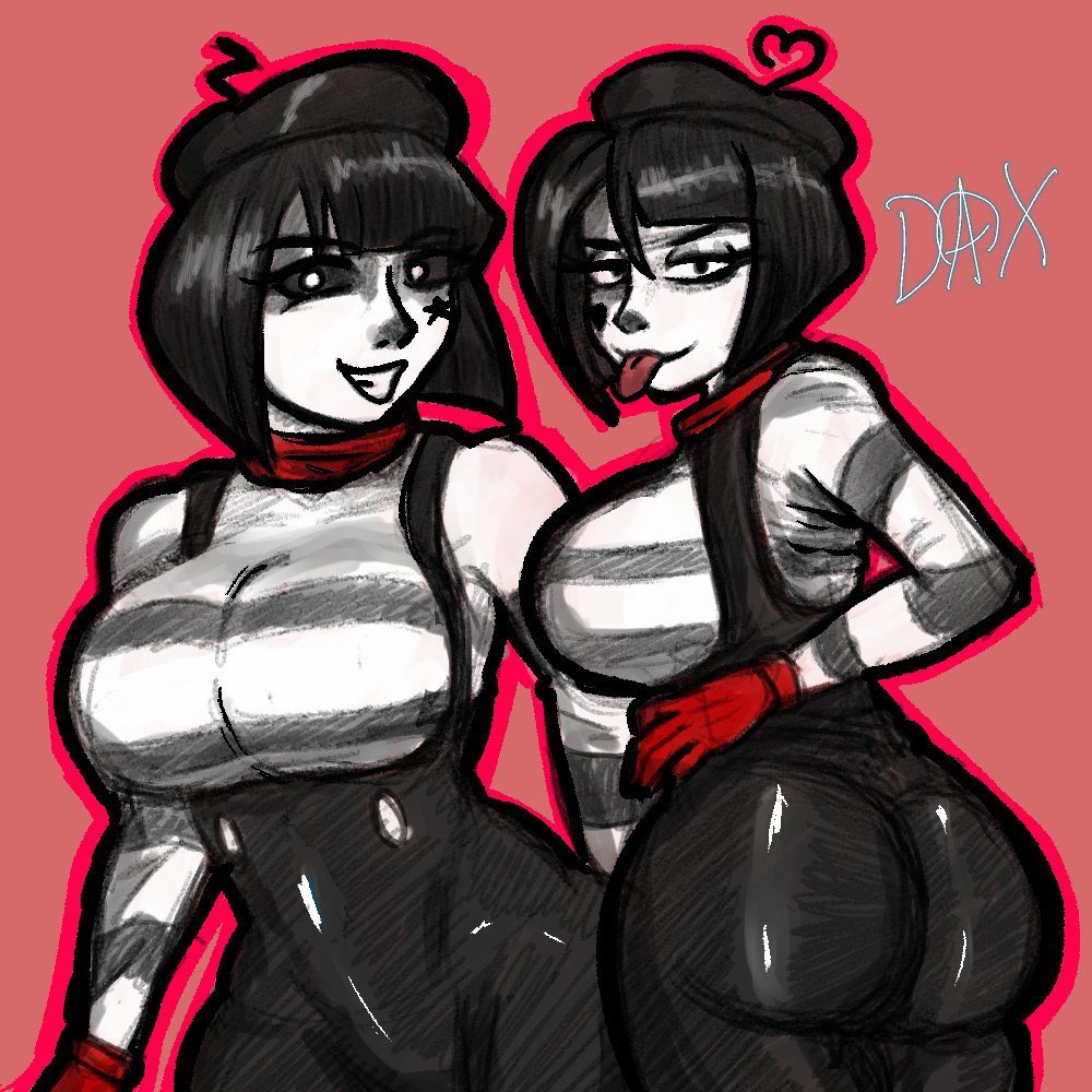 2girls beret big_ass big_breasts black_hair bonbon_(derpixon) chuchu_(derpixon) clothed dark_hair fanart female female_focus female_only human mime mime_and_dash multiple_females multiple_girls rose_dax rosededax short_black_hair short_hair