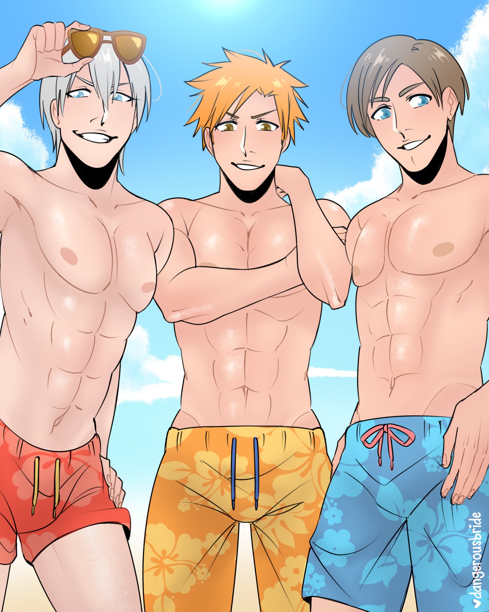 3boys, abs, aqua eyes, beach, bleach, blue eyes, brown eyes, brown hair, capcom, crossover, dangerousbride, dante (devil may cry), devil may cry, devil may cry (series), hi res, ichigo kurosaki, leon scott kennedy, looking at viewer, male, male only, male/male/male, muscular, muscular male, orange hair, resident evil, smiling, smiling at viewer, sunglasses, sunglasses on head, swimwear, toned, toned male, white hair