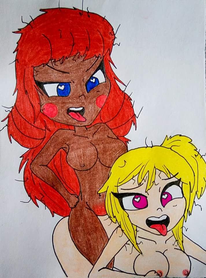 ahe_gao blonde_hair blue_eyes chica_(fnafhs) cowgirl_position dark_skin fhsz3r0 fnafhs red_hair tagme tits toddy_(fnafhs) tongue tongue_out violet_eyes yuri