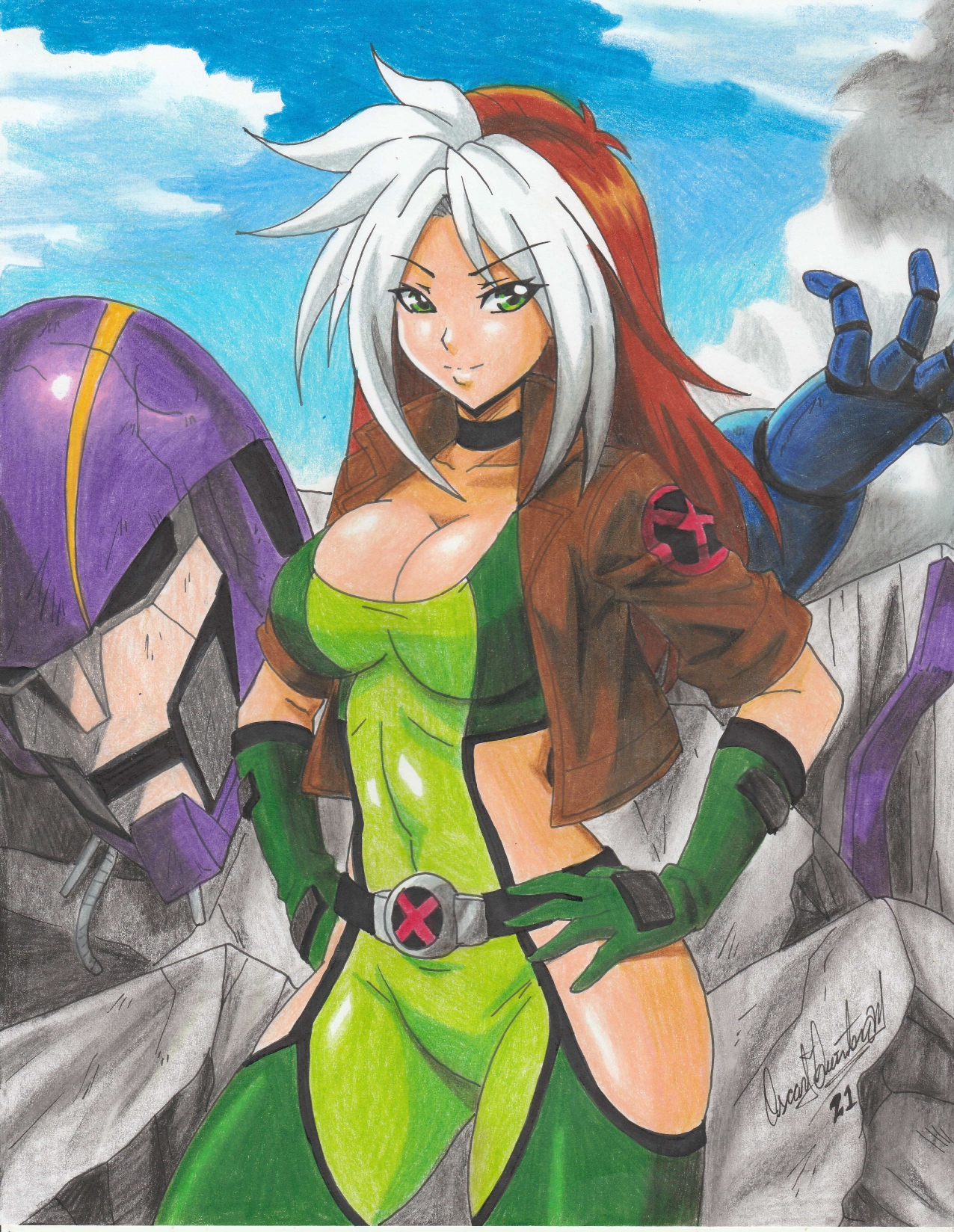 1girls, 2021, bare hips, big breasts, breasts, brown hair, cleavage, female, female only, green eyes, jacket, large breasts, marvel, marvel comics, pencil (artwork), ravern clouk, rogue (x-men), smile, solo, superheroine, tagme, two-tone hair, white hair, x-men