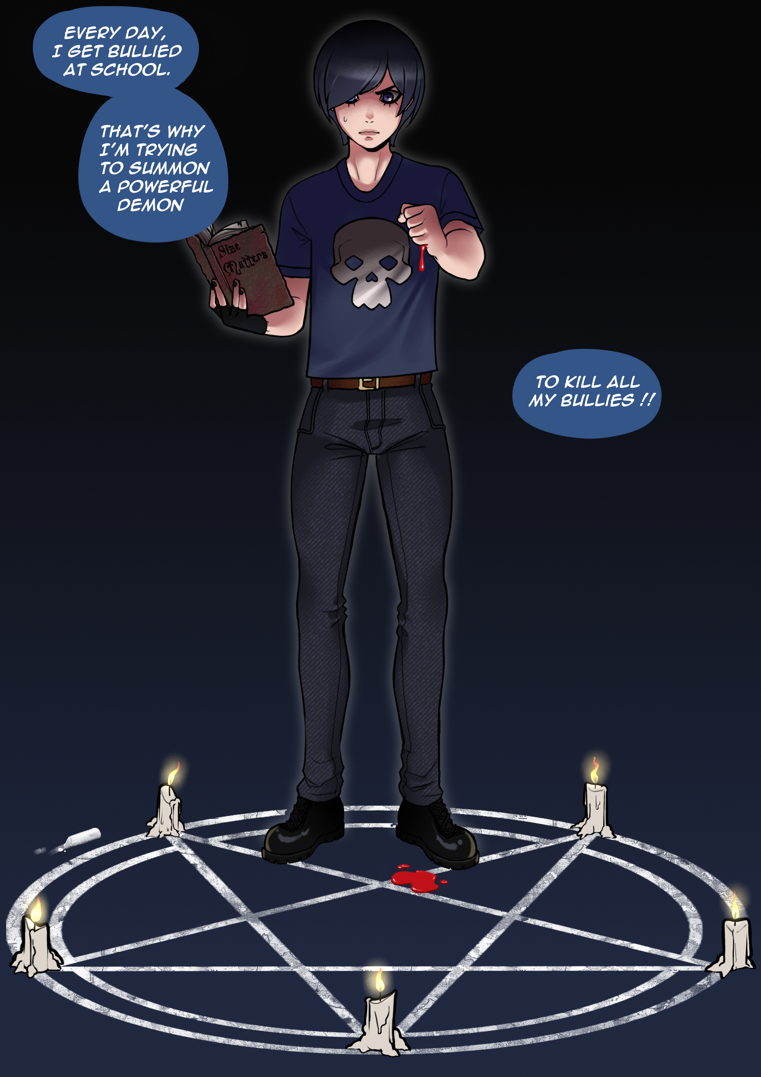 2d, androgynous, black hair, blood, dialogue, otto cubze, sissy, summoning, tagme, text