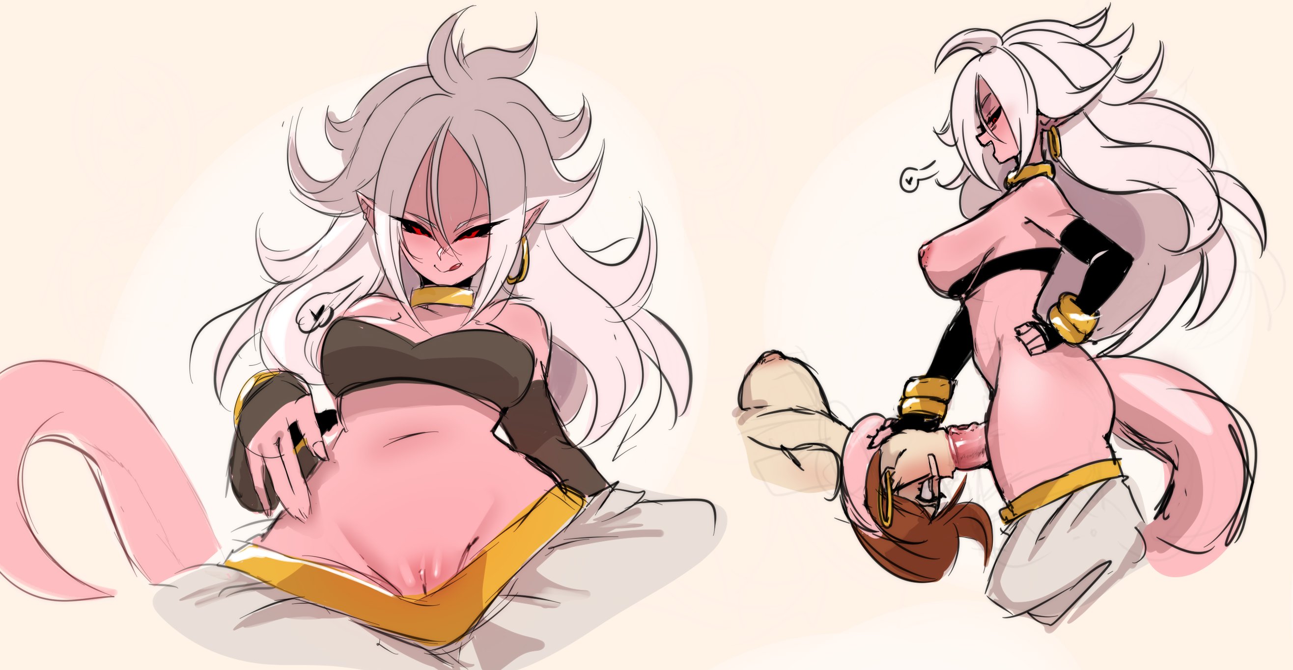 1futa, 1girls, 2010s, android 21, areolae, big penis, black sclera, blue eyes, breasts, brown hair, clothed, clothing, collage, color, dark persona, dragon ball, dragon ball fighterz, dual persona, duo, female, futa on female, futanari, glasses, human, humanoid, humanoid penis, intersex, irrumatio, kanel, light skin, light-skinned female, long ears, long hair, majin, majin android 21, nude, oral, pale skin, partially clothed, penis, pink skin, pointy ears, pussy, red eyes, sex, sketch, solo, standing, tail, white hair