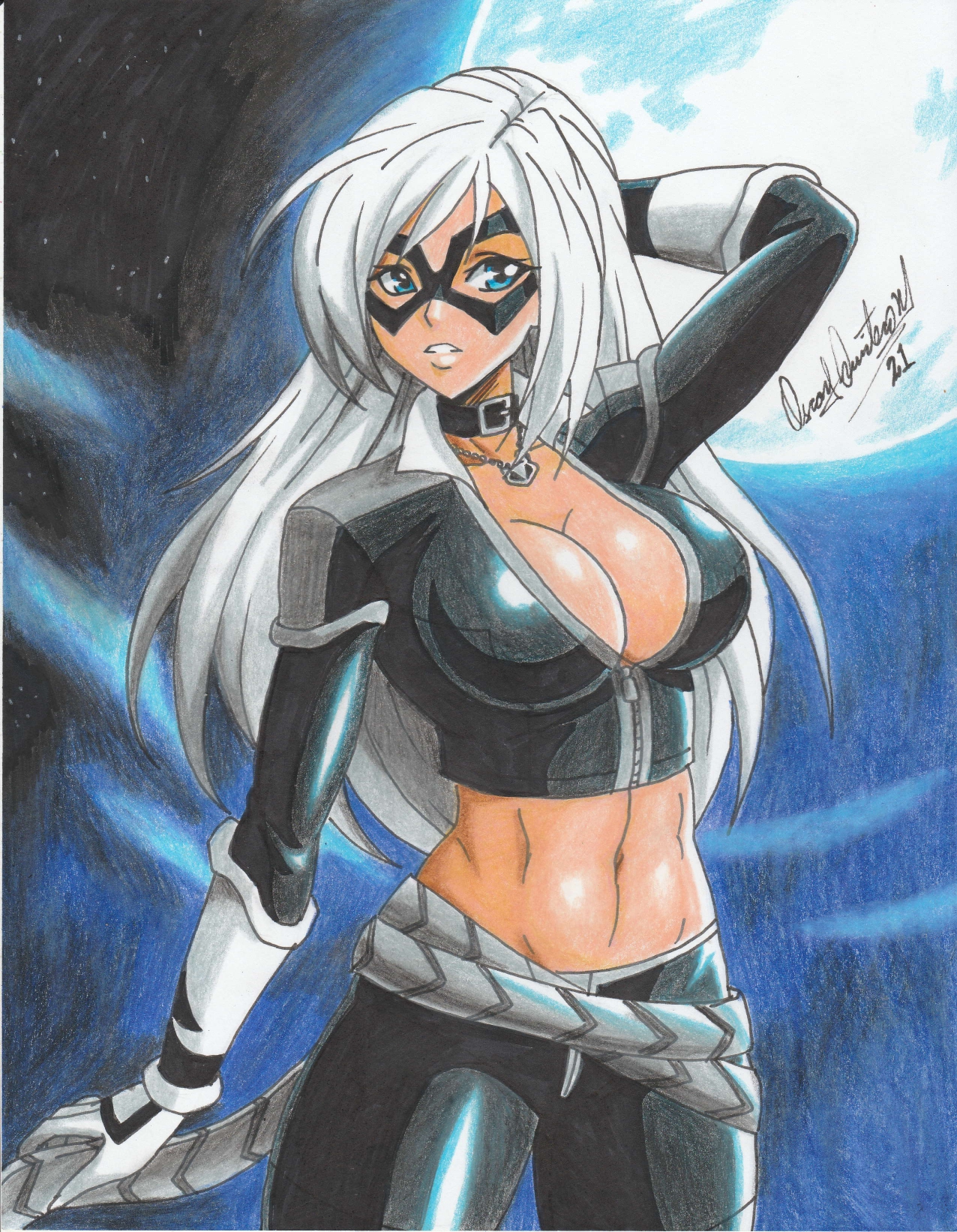 1girls, 2021, abs, artist signature, bare midriff, big breasts, black cat (marvel), blue eyes, breasts, choker, cleavage, domino mask, felicia hardy, female, female only, hand on head, large breasts, long hair, looking to the side, marvel, marvel comics, mask, masked, masked female, midriff, moon, muscular, muscular female, navel, night, parted lips, pencil (artwork), ravern clouk, shiny clothes, solo, solo female, spider-man (series), tagme, traditional media (artwork), white hair