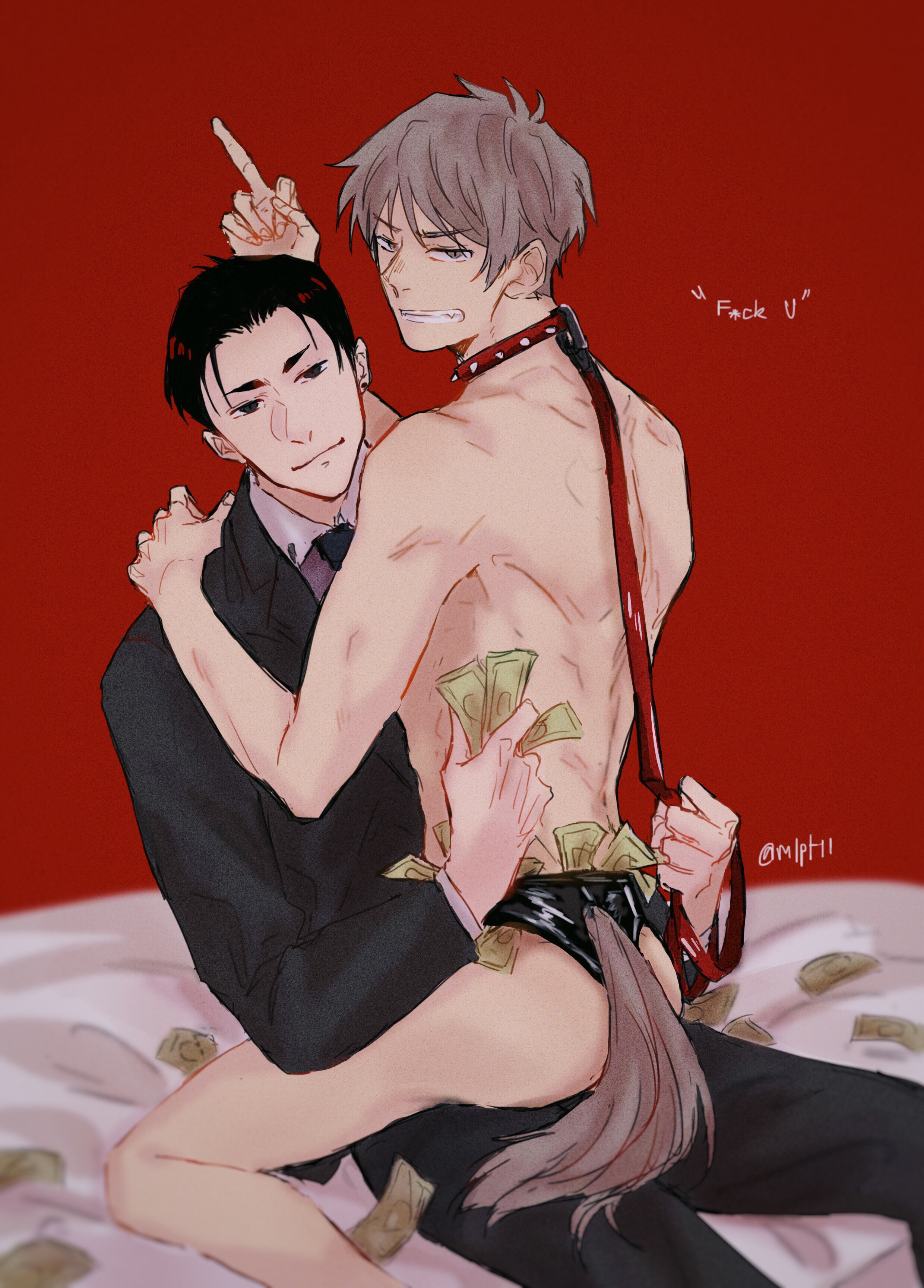 2boys, annoyed, bare back, black hair, brown hair, business suit, clothed, clothed male, collar, daisuke kambe, dominant, dominant male, domination, gay, gay sex, gritted teeth, haru kato, leash, leash and collar, leash pull, male, male only, male/male, middle finger, money, no visible genitalia, on lap, sex, shirtless, shirtless (male), sitting on lap, submissive male, suit, tail, text, the millionaire detective balance:unlimited, yaoi