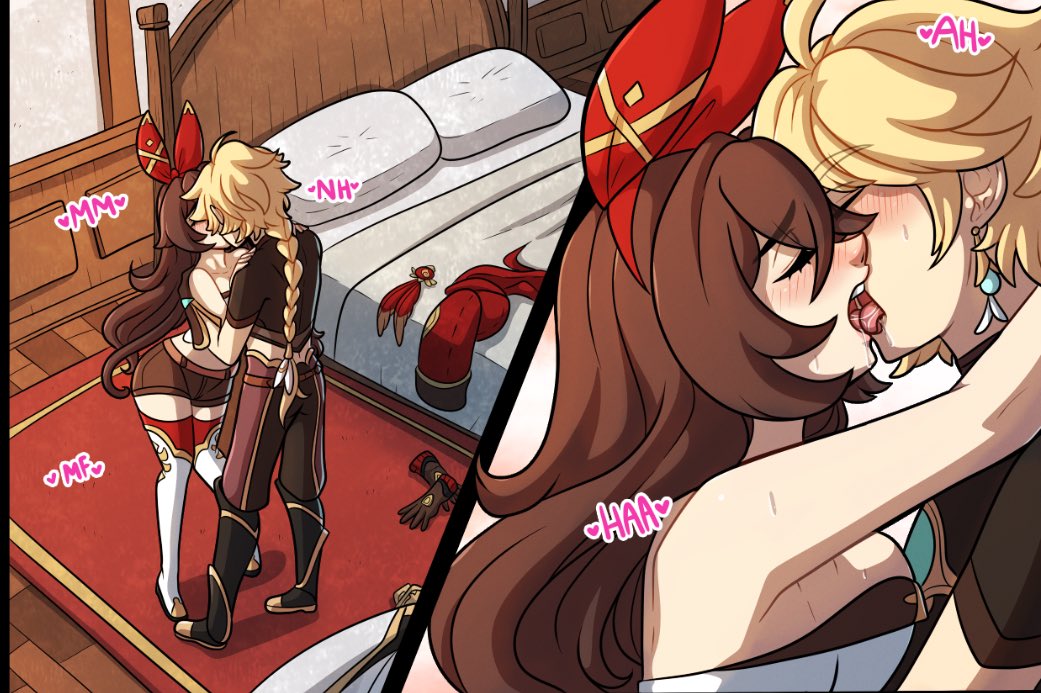 1boy, 1girls, aether (genshin impact), amber (genshin impact), bed, bedroom, blush, boots, breasts, closed eyes, clothing, comic, english text, female, french kiss, french kissing, genshin impact, heart, hi res, high heel boots, imminent sex, kinkymation, kissing, male, open mouth, pillow, saliva, sex, shorts, straight, sweat, thigh boots, thighhighs, tongue, tongue out