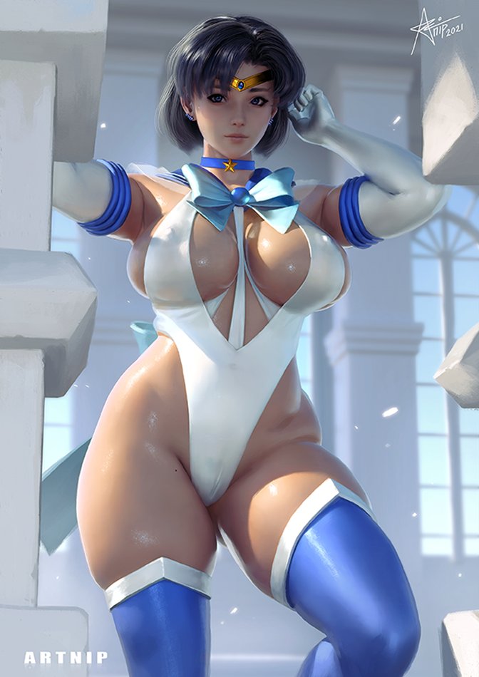1girls, ami mizuno, artnip, bishoujo senshi sailor moon, breasts, cameltoe, erect nipples, female, female only, large breasts, nipples, one-piece swimsuit, pussy, sailor mercury, solo, solo female, stockings, swimsuit