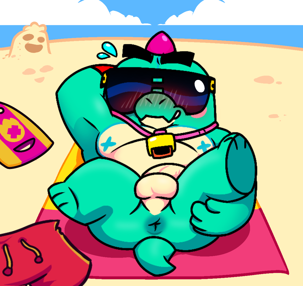 anthro, balls, beach, beach towel, blush, brawl stars, buzz (brawl stars), cute, dinosaur, floatie, gay, inviting, looking at viewer, male, male only, nude, overweight male, scalie, seaside, slightly chubby, spread legs, supercell, sweatdrop, yaoi, yukki starr