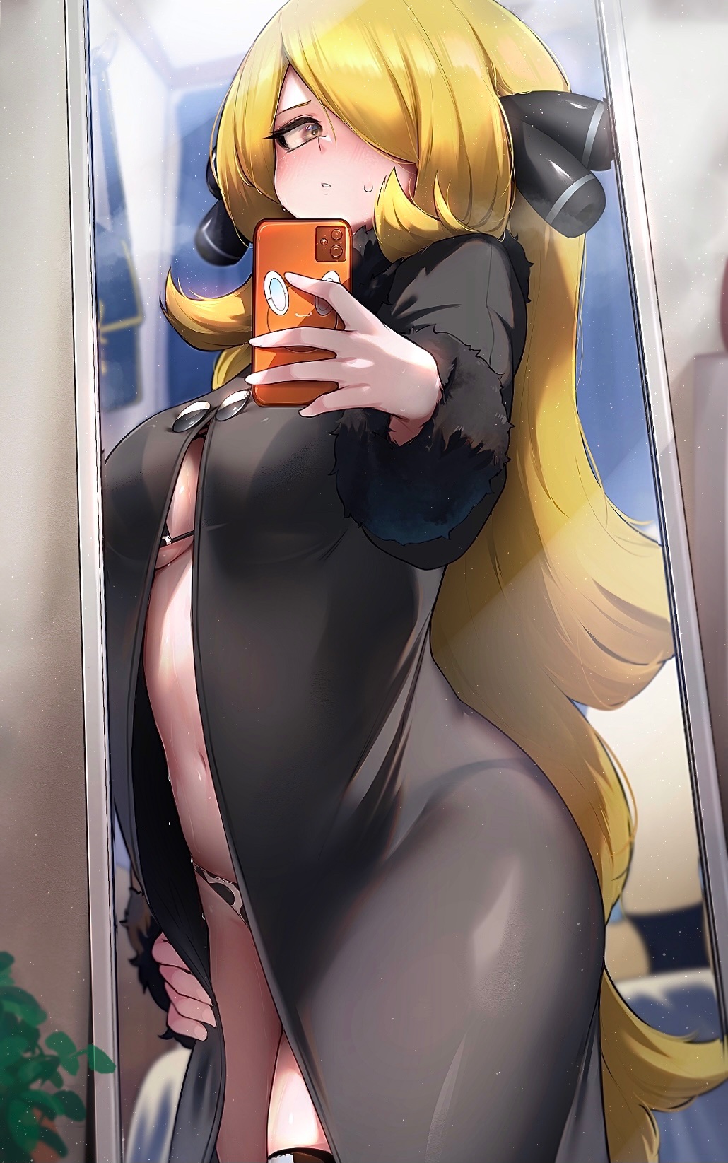 1girls, 2021, animal print, bangs, belly, belly button, big breasts, bikini, bikini under clothes, blonde hair, blush, breasts, cellphone, cleavage, cow print, cow print bikini, creatures (company), curvaceous, curvy, curvy figure, cynthia (pokemon), female, female only, game freak, hair ornament, hair over one eye, highres, hizake, holding, holding phone, hourglass figure, human, indoors, jacket, kashu (hizake), light skin, light-skinned female, long hair, mirror, navel, nintendo, open mouth, phone, pokemon, pokemon (game), pokemon dppt, reflection, shiny, shiny hair, sidelocks, solo, solo female, sweat, sweatdrop, swimsuit, thick thighs, thighhighs, thighs, translucent, underboob, very long hair, year of the ox