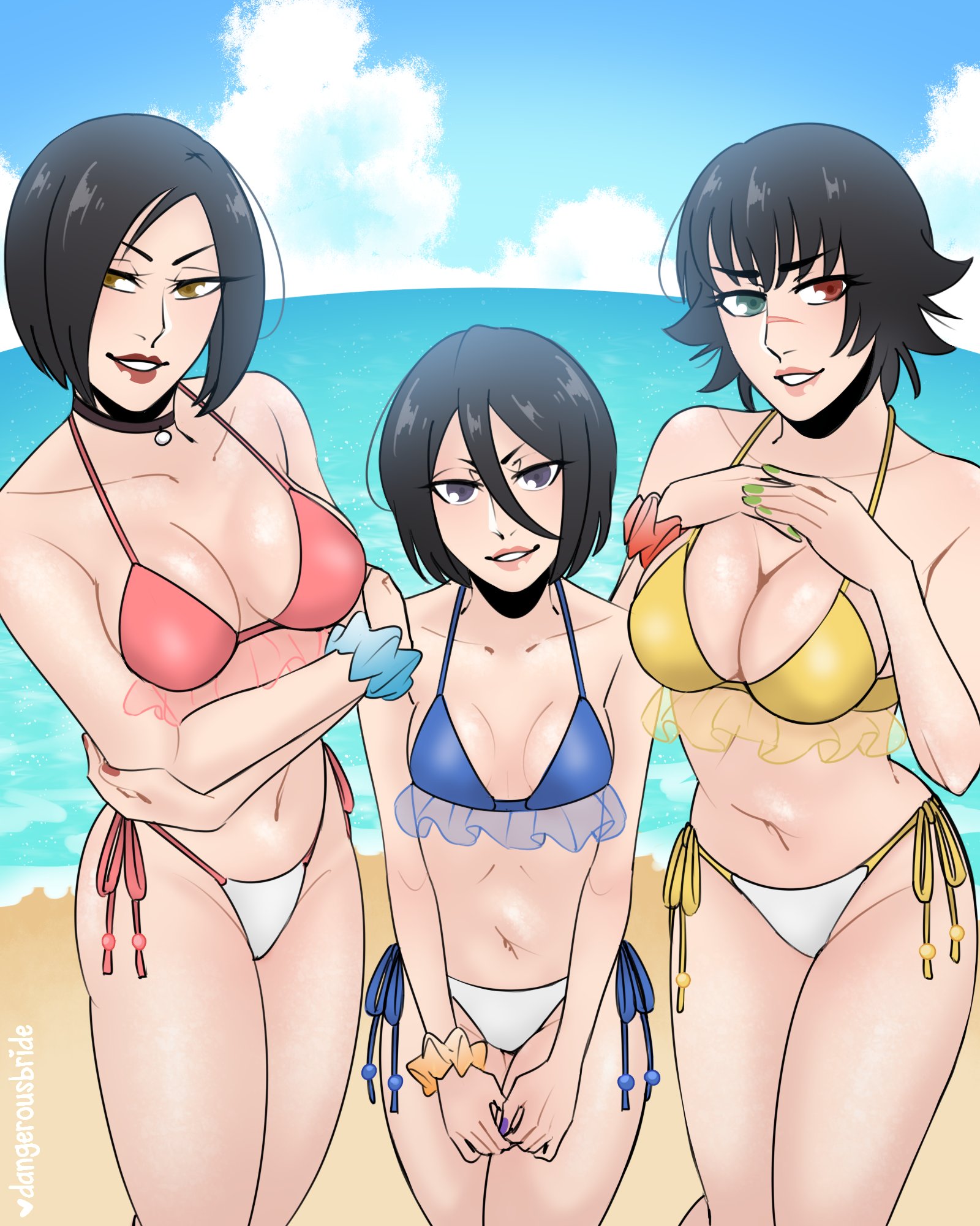 3girls, ada wong, ada wong (adriana), beach, bikini, black hair, bleach, blue bikini top, blue eyes, brown eyes, capcom, crossover, dangerousbride, devil may cry, devil may cry (series), female, female only, fully clothed, green eyes, heterochromia, hi res, kuchiki rukia, lady (devil may cry), looking at viewer, red eyes, red lipstick, resident evil, scar, scar across nose, sea, short black hair, smiling, smiling at viewer, swimsuit, trio, white bikini bottom, yellow bikini top