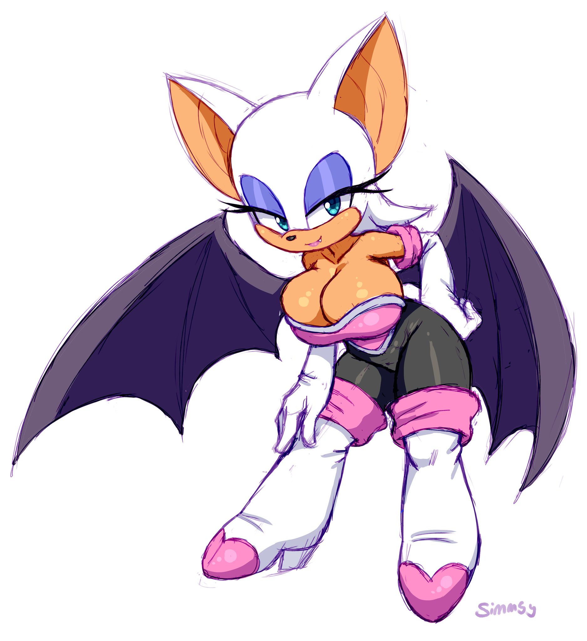 anthro, big breasts, breasts, cleavage, clothed, clothing, female, fur, furry, furry only, huge breasts, large breasts, looking at viewer, rouge the bat, shortstack, simmsy, small but busty, smile, solo, sonic (series), standing, wings